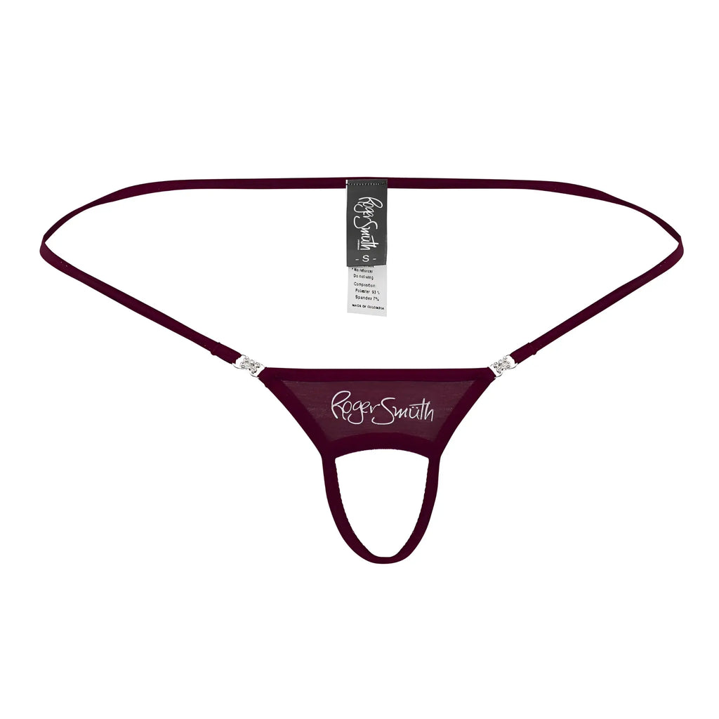 Maroon roger smith thong with sheer mesh fabric and silver rhinestone accents from roger smuth rs076 ball lifter collection