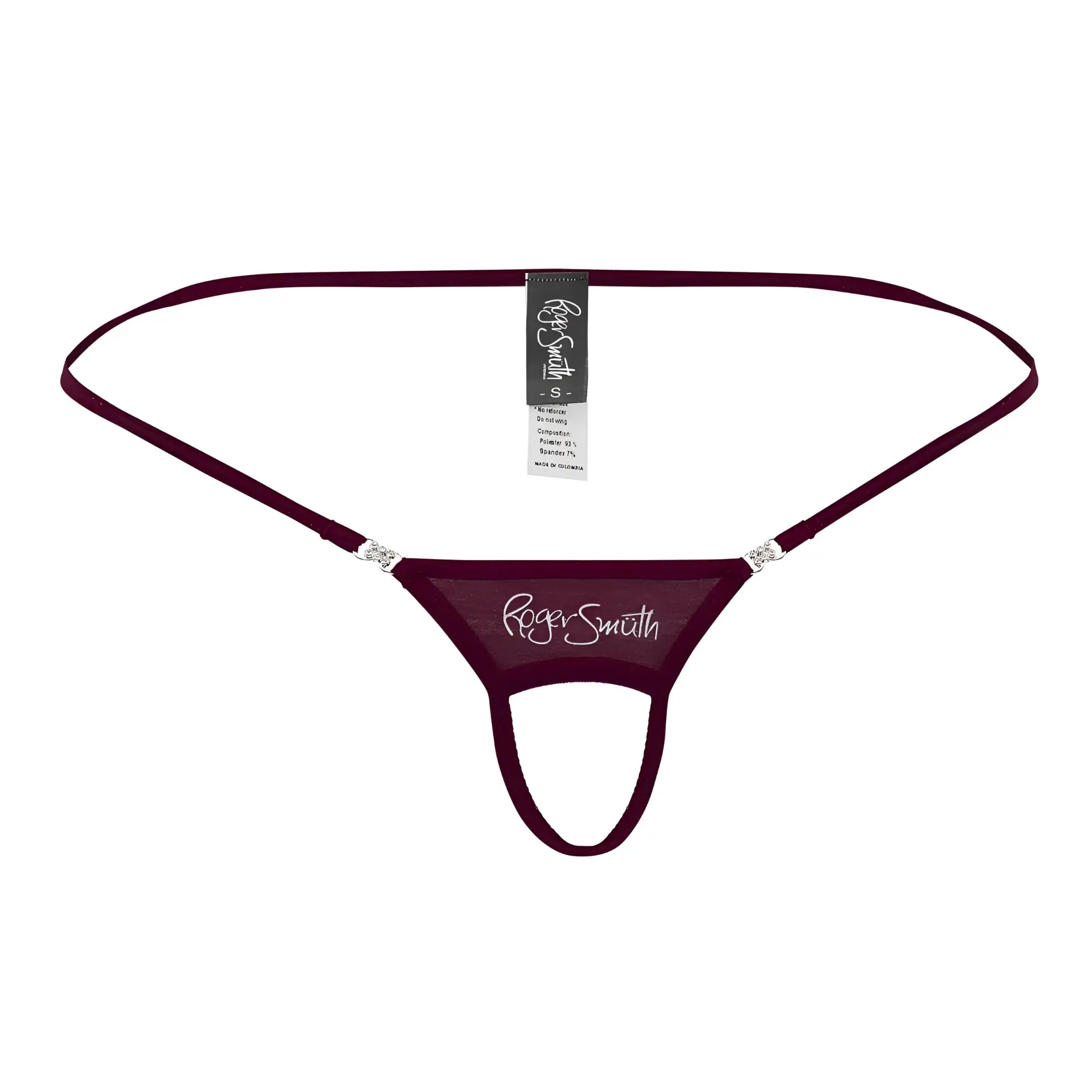Maroon roger smith thong with sheer mesh fabric and silver rhinestone accents from roger smuth rs076 ball lifter collection