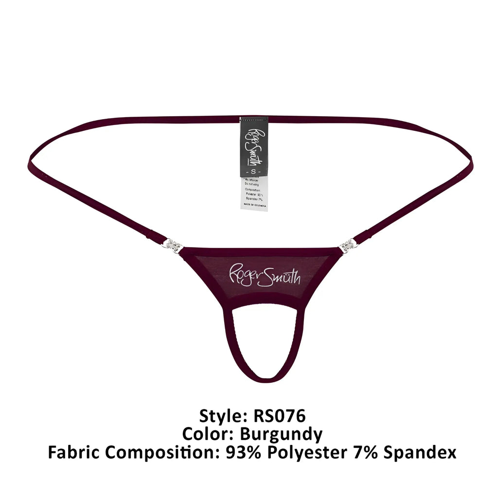 Burgundy roger smith rs076 ball lifter thong with sheer mesh fabric and silver rhinestone accents at hip straps back view