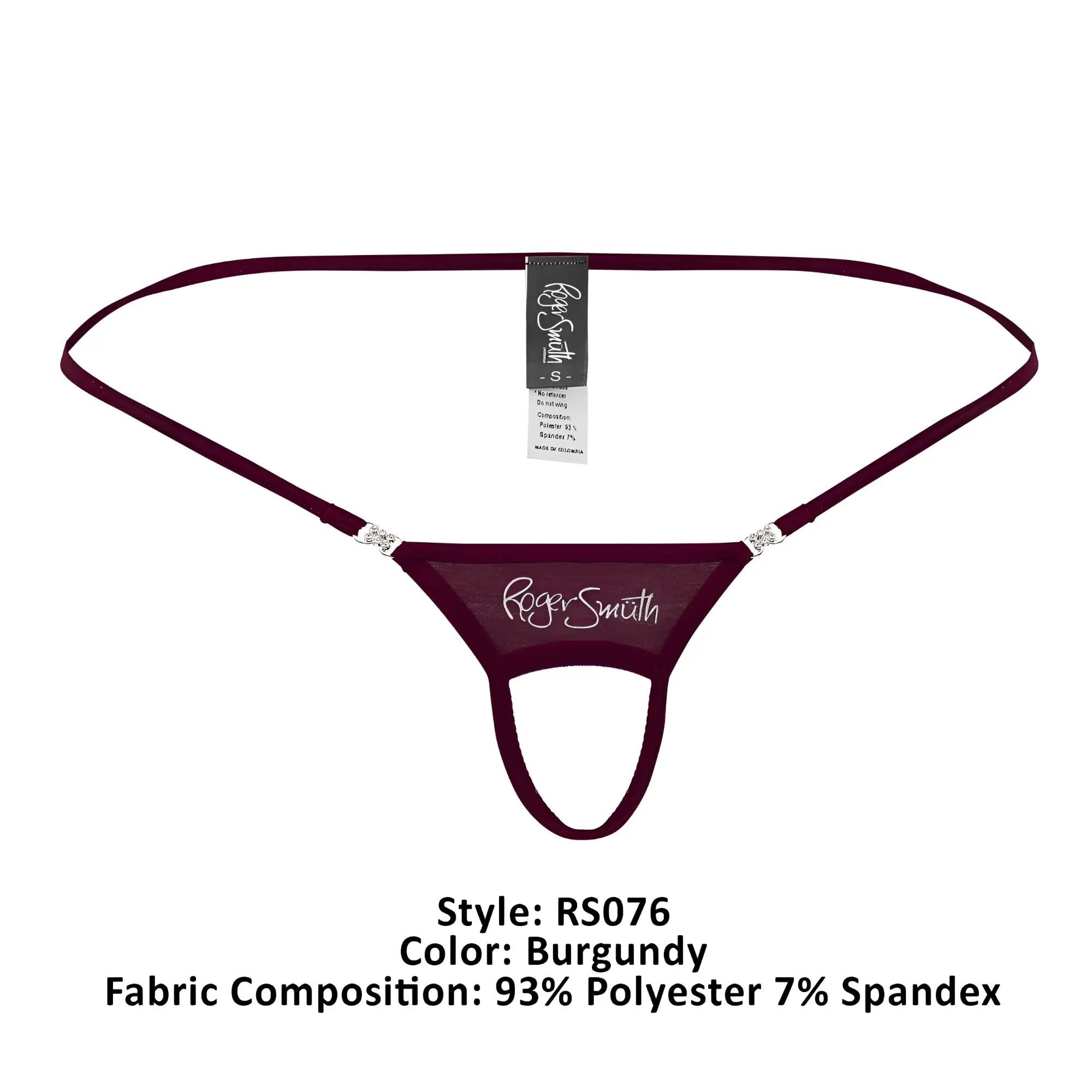 Burgundy roger smith rs076 ball lifter thong with sheer mesh fabric and silver rhinestone accents at hip straps back view