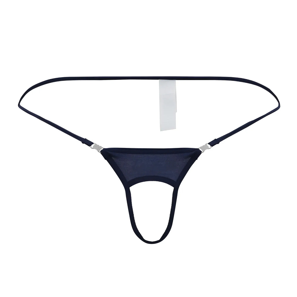 Black mesh thong ball lifter with thin straps and silver-toned clasps in navy by roger smuth rs076