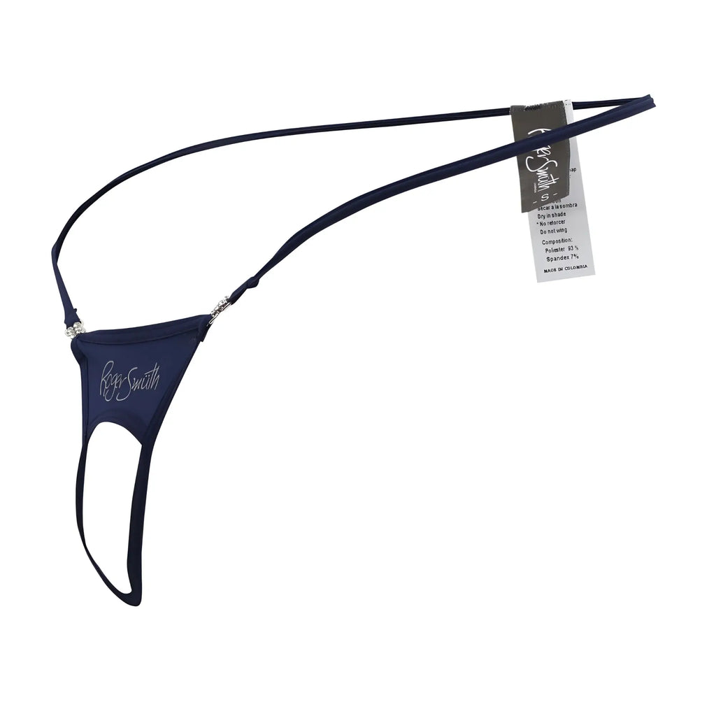 Navy blue lace thong with silver embroidered roger smuth logo and crystal embellishments for ball lifting