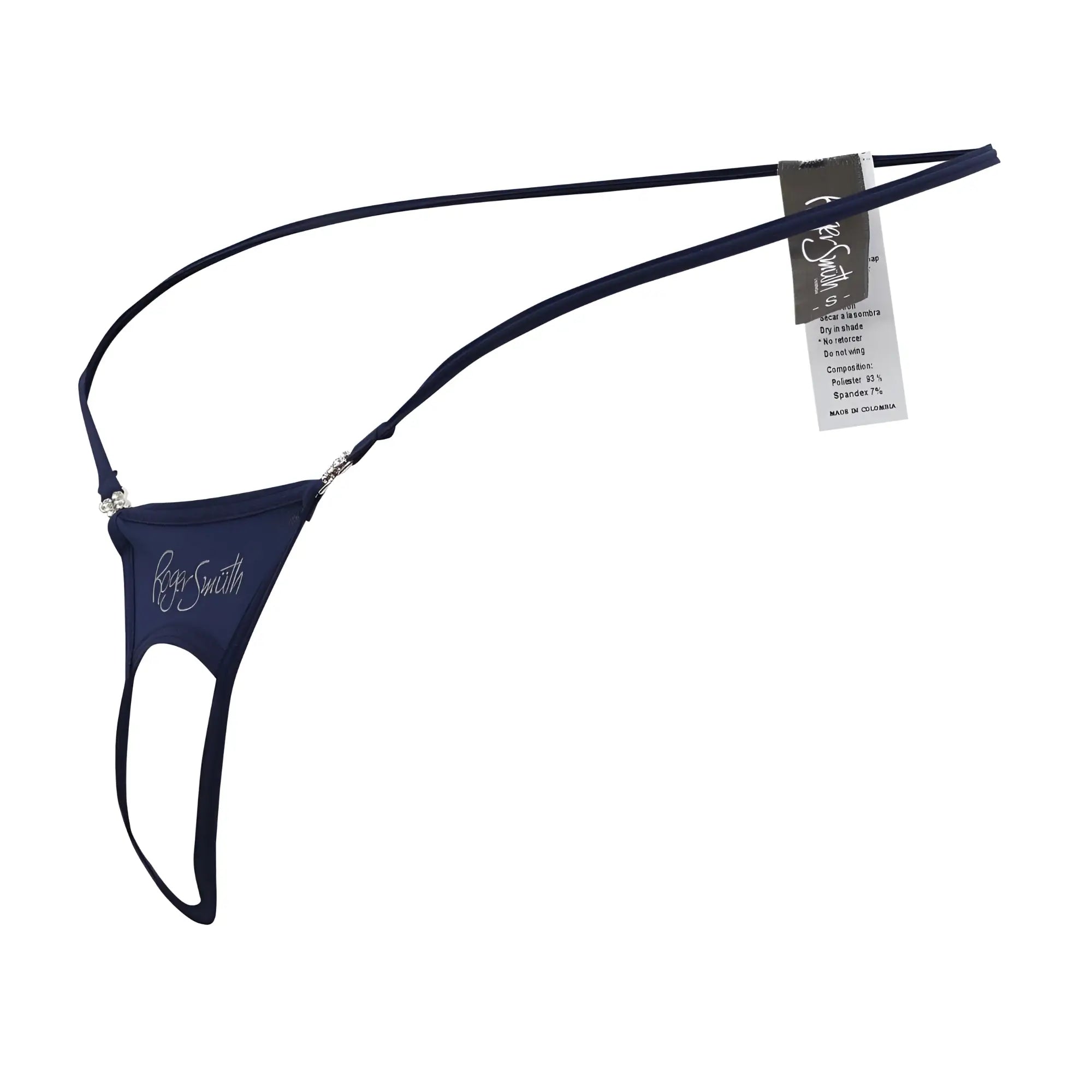 Navy blue lace thong with silver embroidered roger smuth logo and crystal embellishments for ball lifting