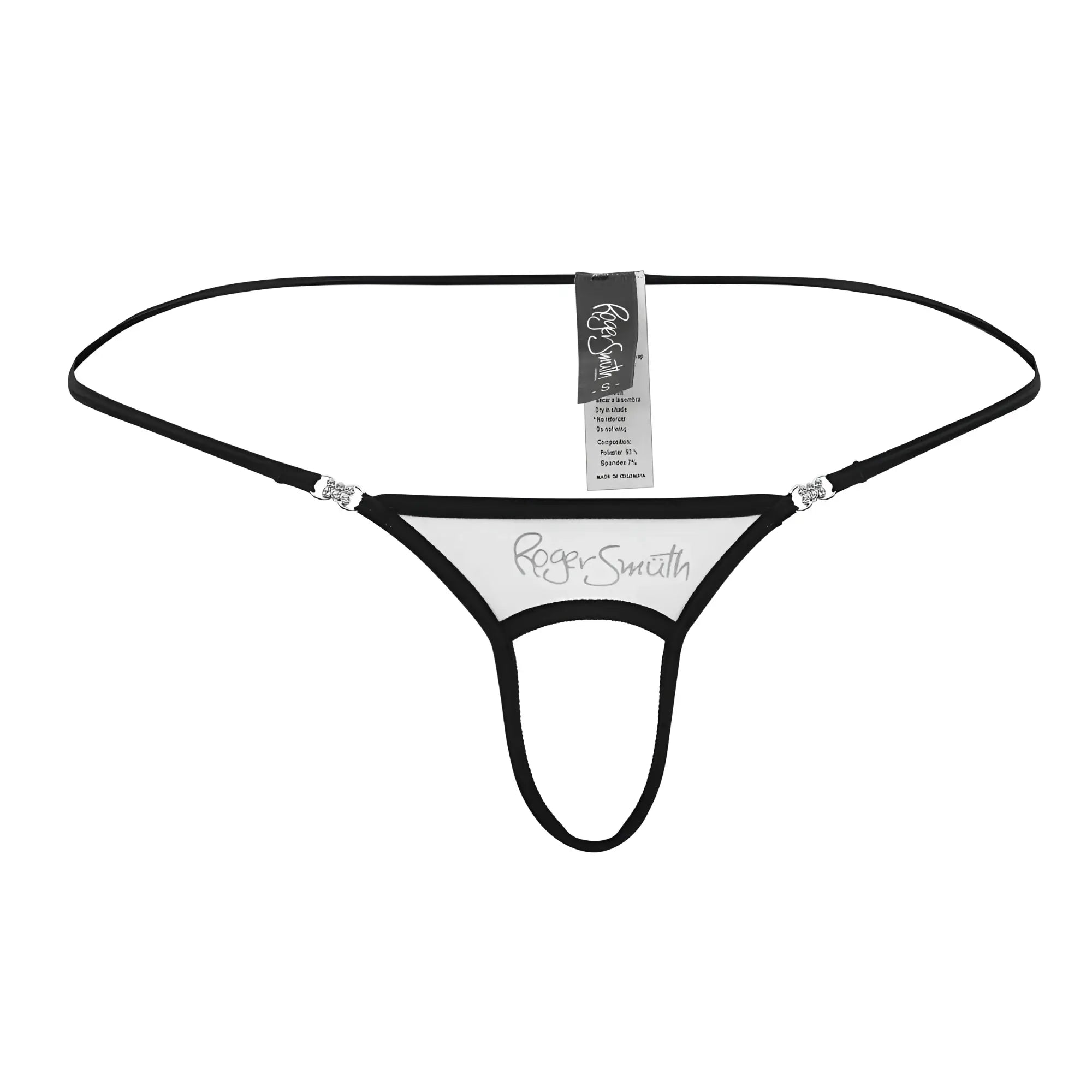 Roger smith rs076 ball lifter thong in white with black accents and crystal embellishments on side clips visible from back