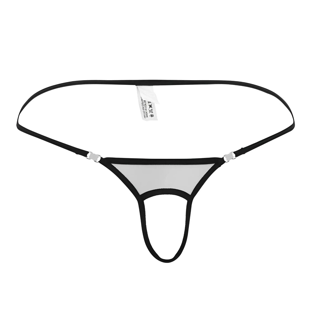 Black thong with sheer gray mesh panel and silver toned clasps from roger smuth rs076 ball lifter in white color