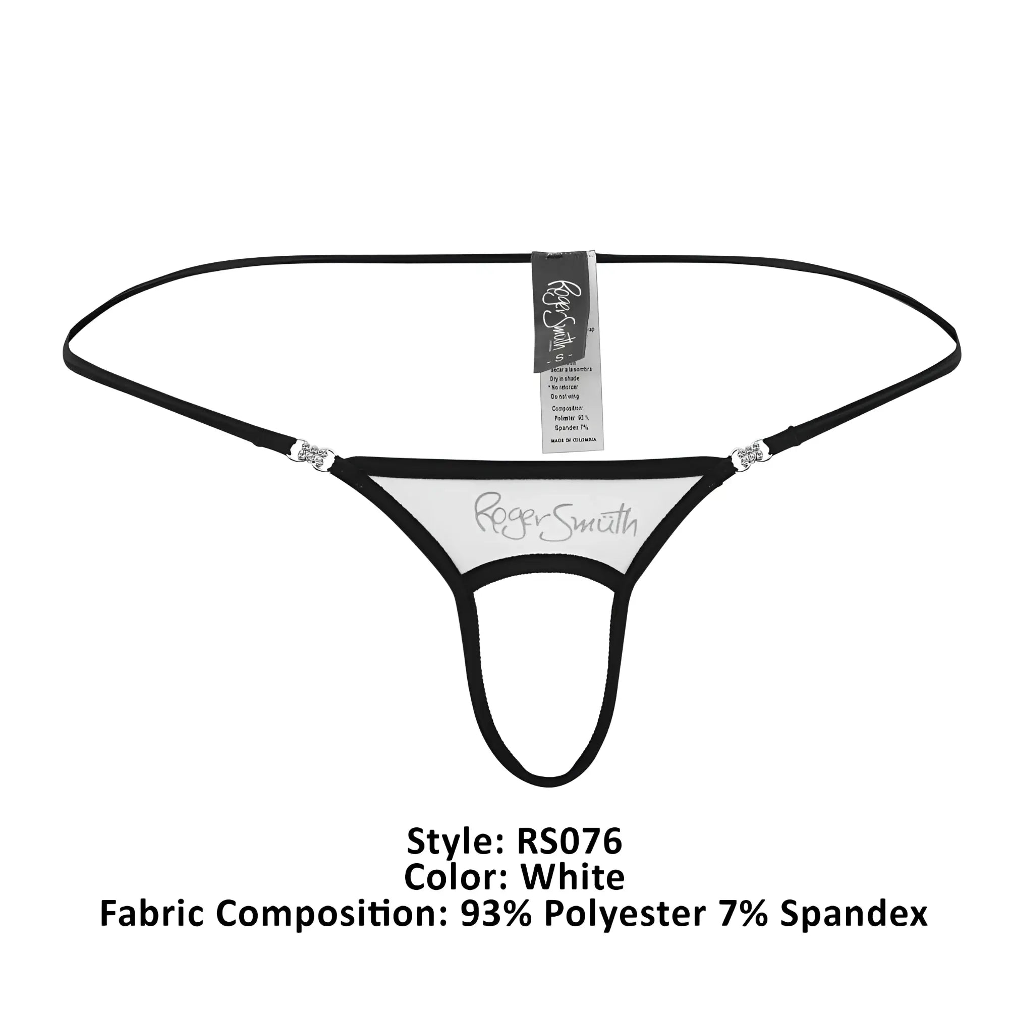 White roger smith rs076 ball lifter thong with black trim and silver rhinestone accents