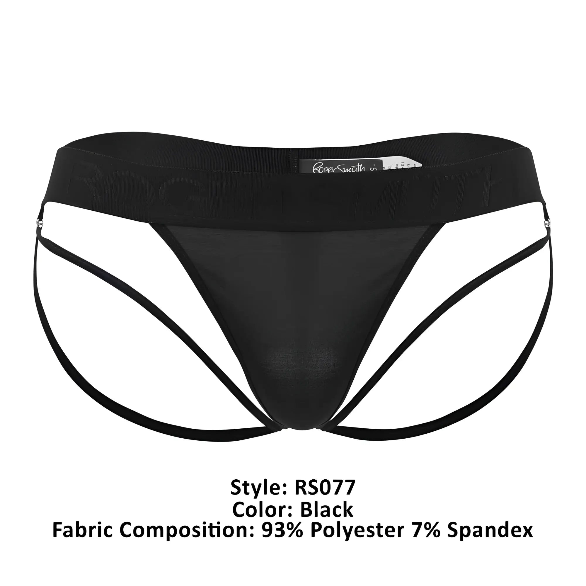 Roger Smuth RS077 black men’s briefs with sheer mesh front and thin supportive side straps for a sleek fit