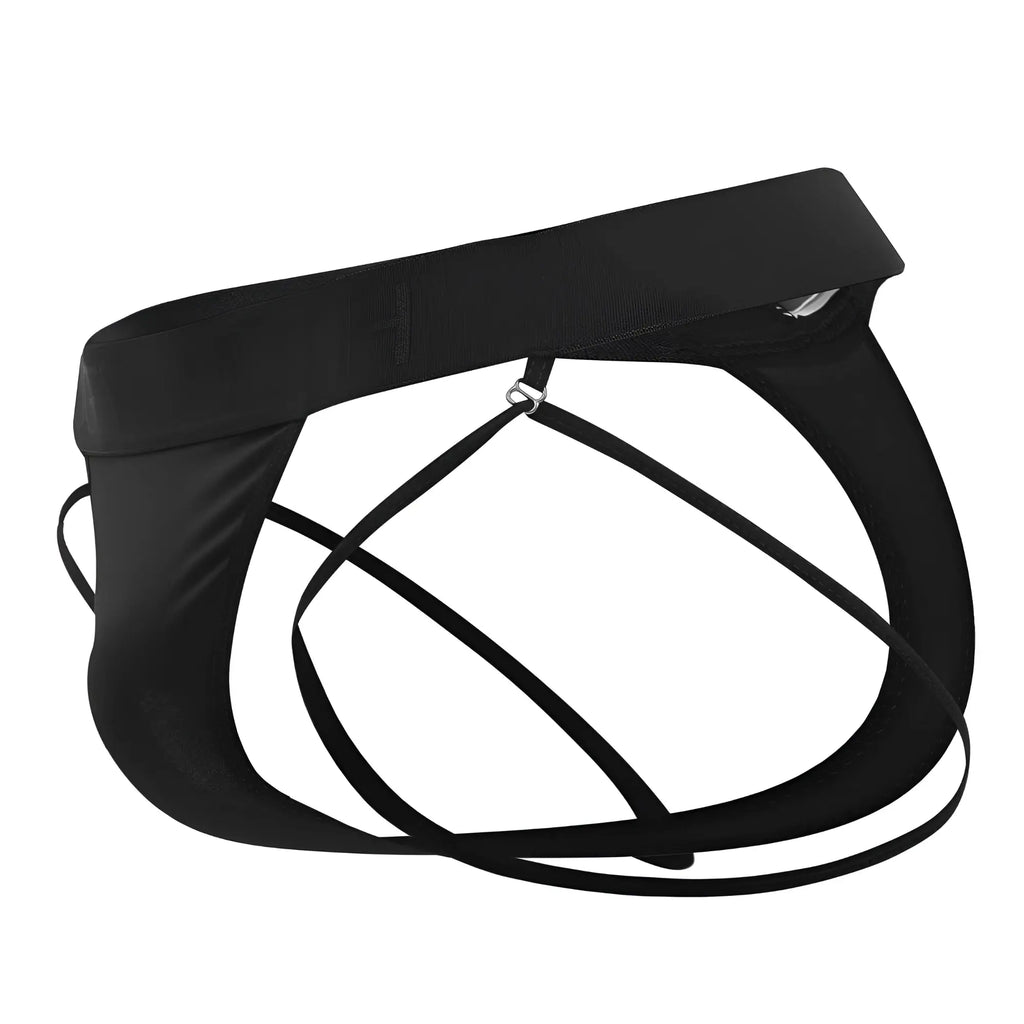 Black satin Roger Smuth RS077 thongs with sleek minimalist design, thin crisscross straps, and adjustable waistband
