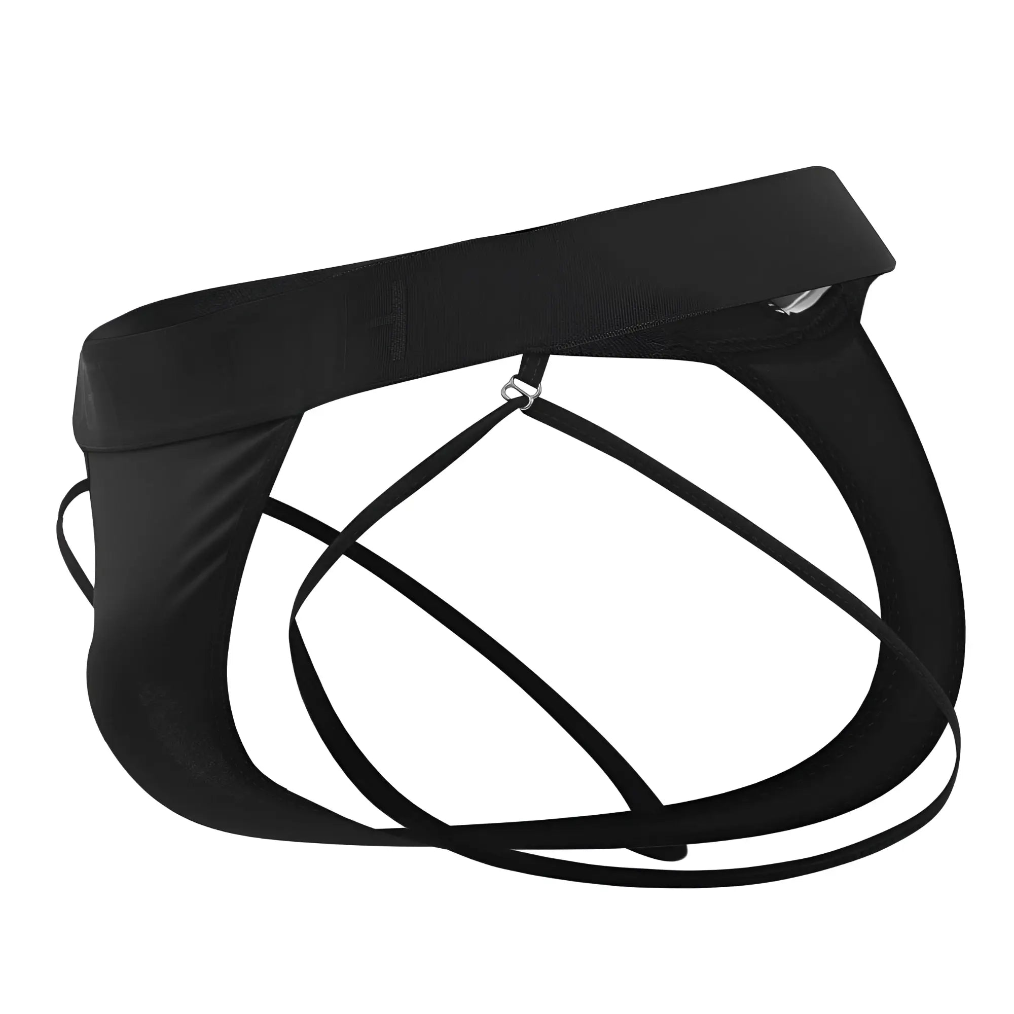 Black satin Roger Smuth RS077 thongs with sleek minimalist design, thin crisscross straps, and adjustable waistband