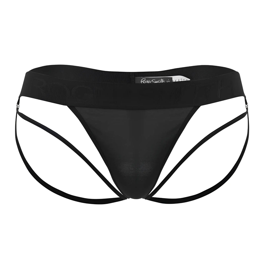 Black Roger Smith RS077 thongs with sheer mesh front and supportive side straps for comfortable men’s briefs wear