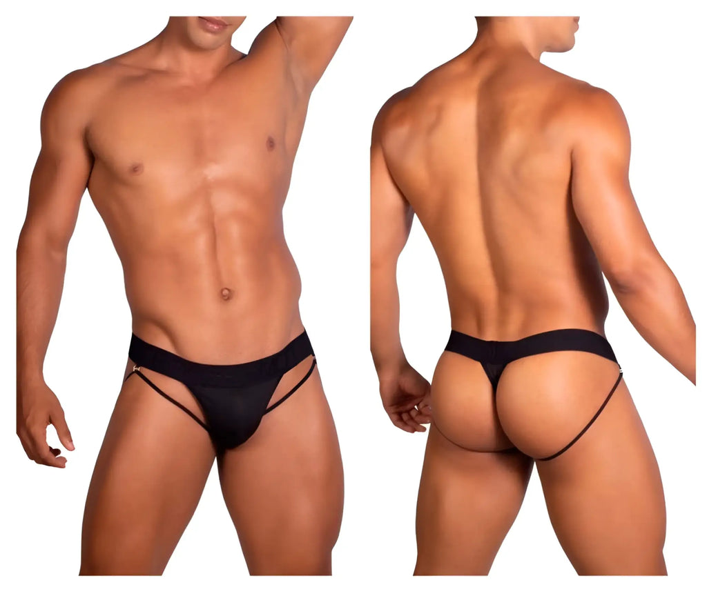 Roger smuth rs077 black thong with thin adjustable side straps and snug fit shown from the back side