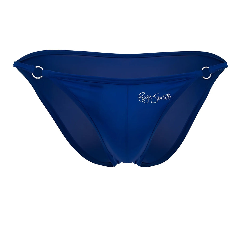 Deep blue roger smith rs084 bikini bottom with sheer form fitting design and silver metal rings at the sides back view
