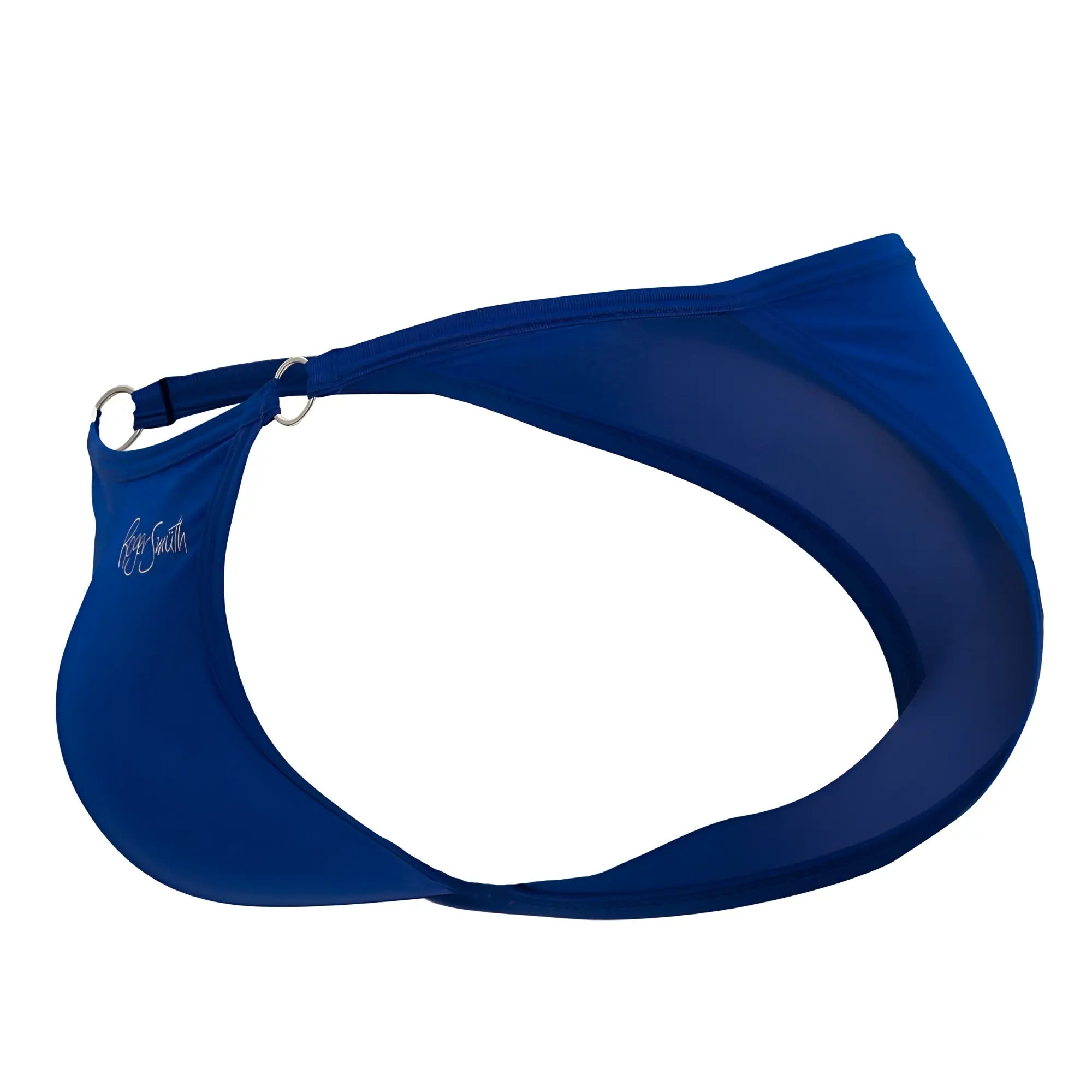 Royal blue nylon Roger Smuth RS084 bikini top with mesh panel and silver-toned metal ring closure