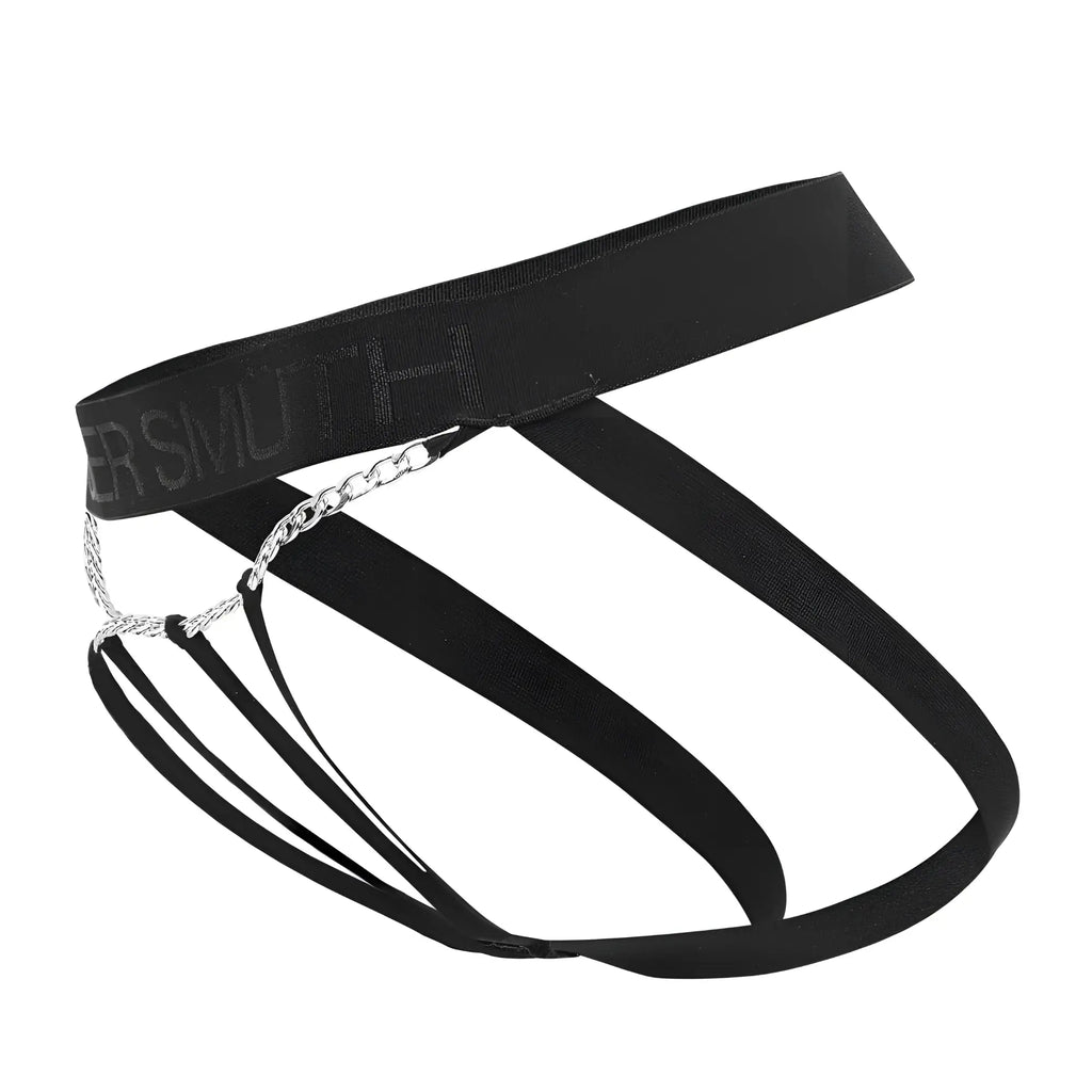 Black elastic briefs Roger Smuth RS086 jock-thong with silver chain detail and ersmoth branded waistband front view