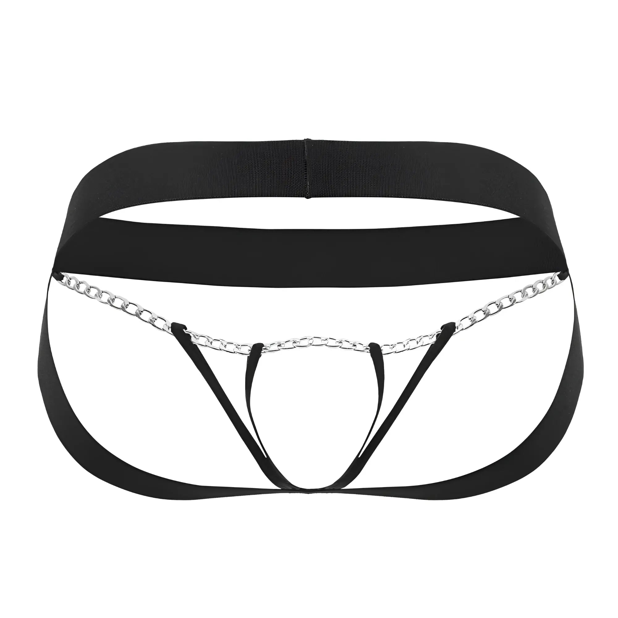 Roger smuth rs086 jock-thong in black with black elastic waistband leg straps and silver chain detail visible on front