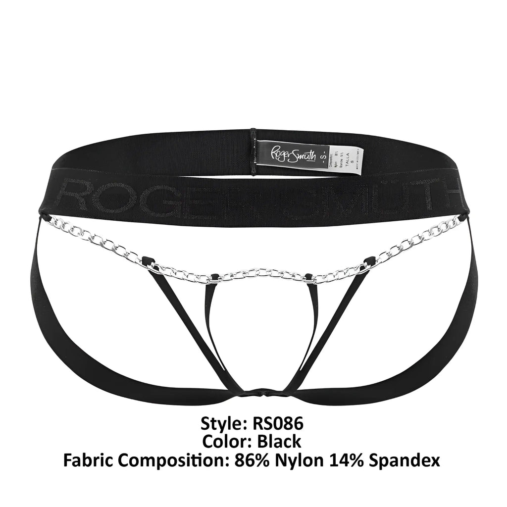 Black Roger Smith RS086 men’s briefs in black with silver chain detail across the front for stylish support