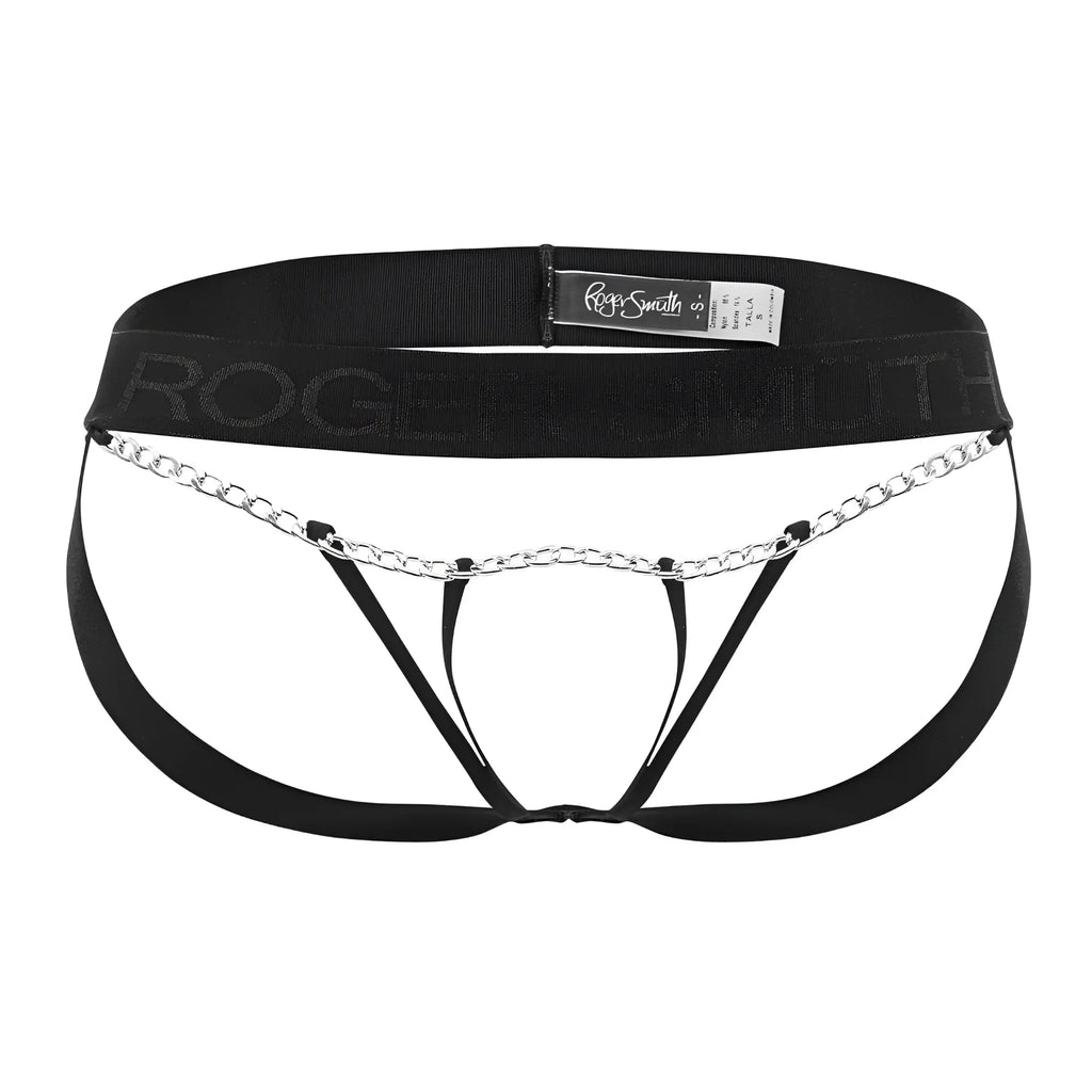 Black roger smith mens briefs with silver chain detail across the front in jock-thong style rs086 model