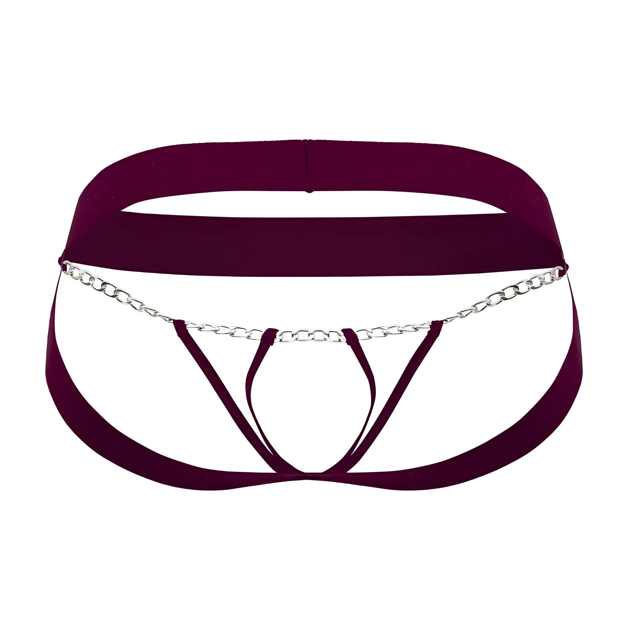 Maroon satin roger smuth rs086 jock-thong with silver chain detailing showing the back side of the product