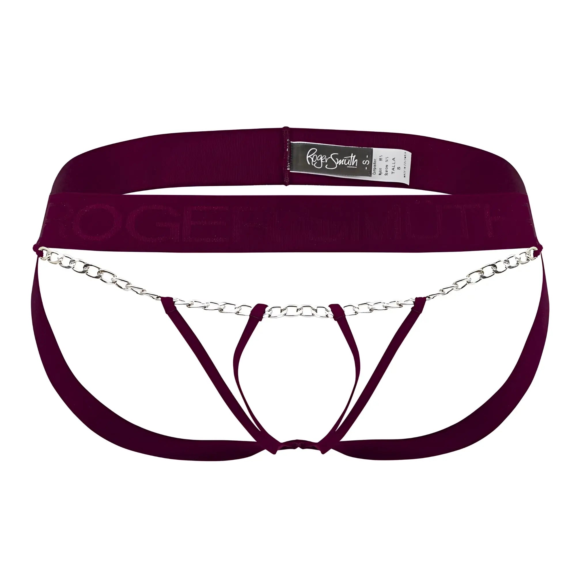 Maroon roger smith rs086 jock-thong briefs with silver-tone metal chain detail across the front in burgundy color