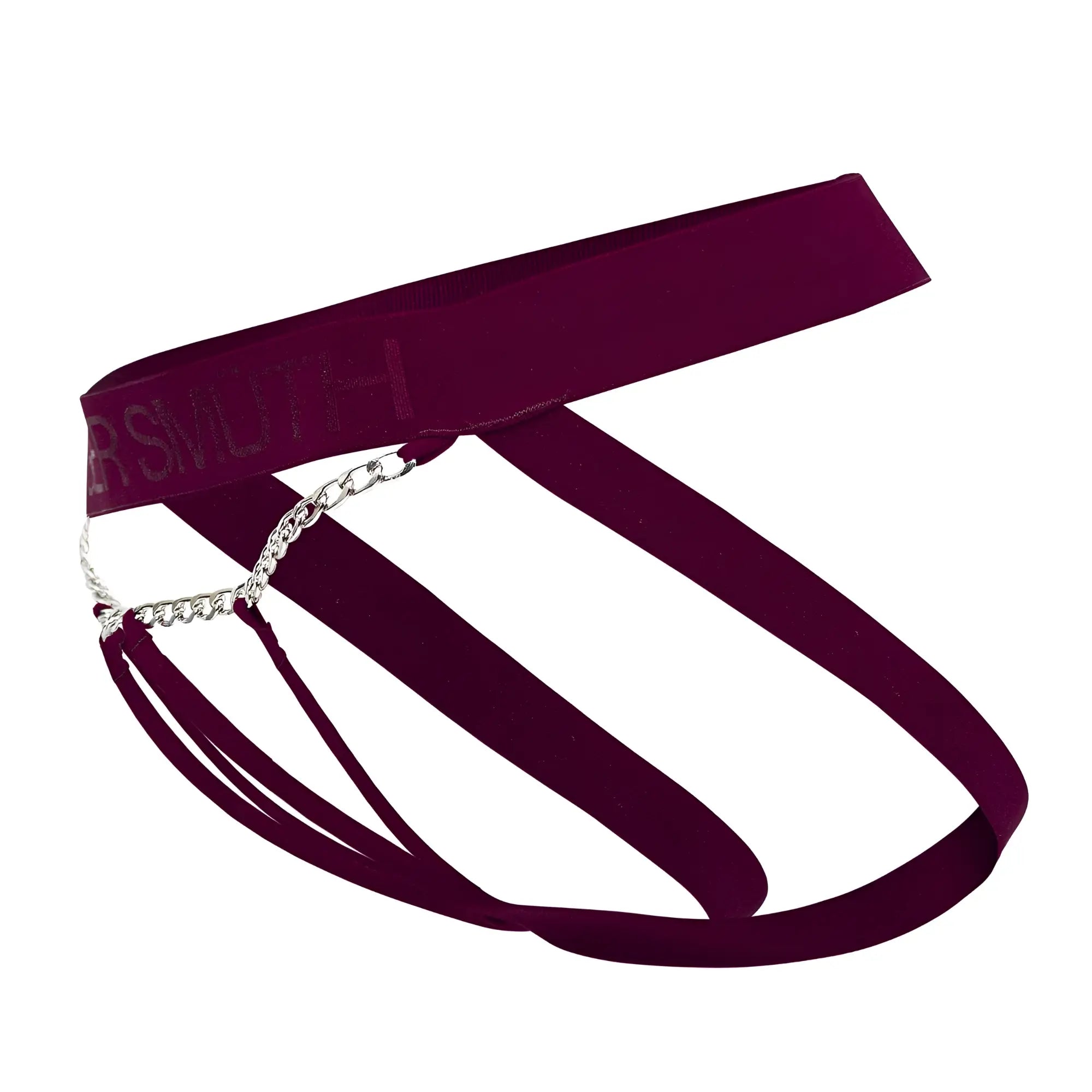 A maroon velvet choker with silver chain detail and ersmuth embossed on the band from Roger Smuth RS086 jock-thong collection