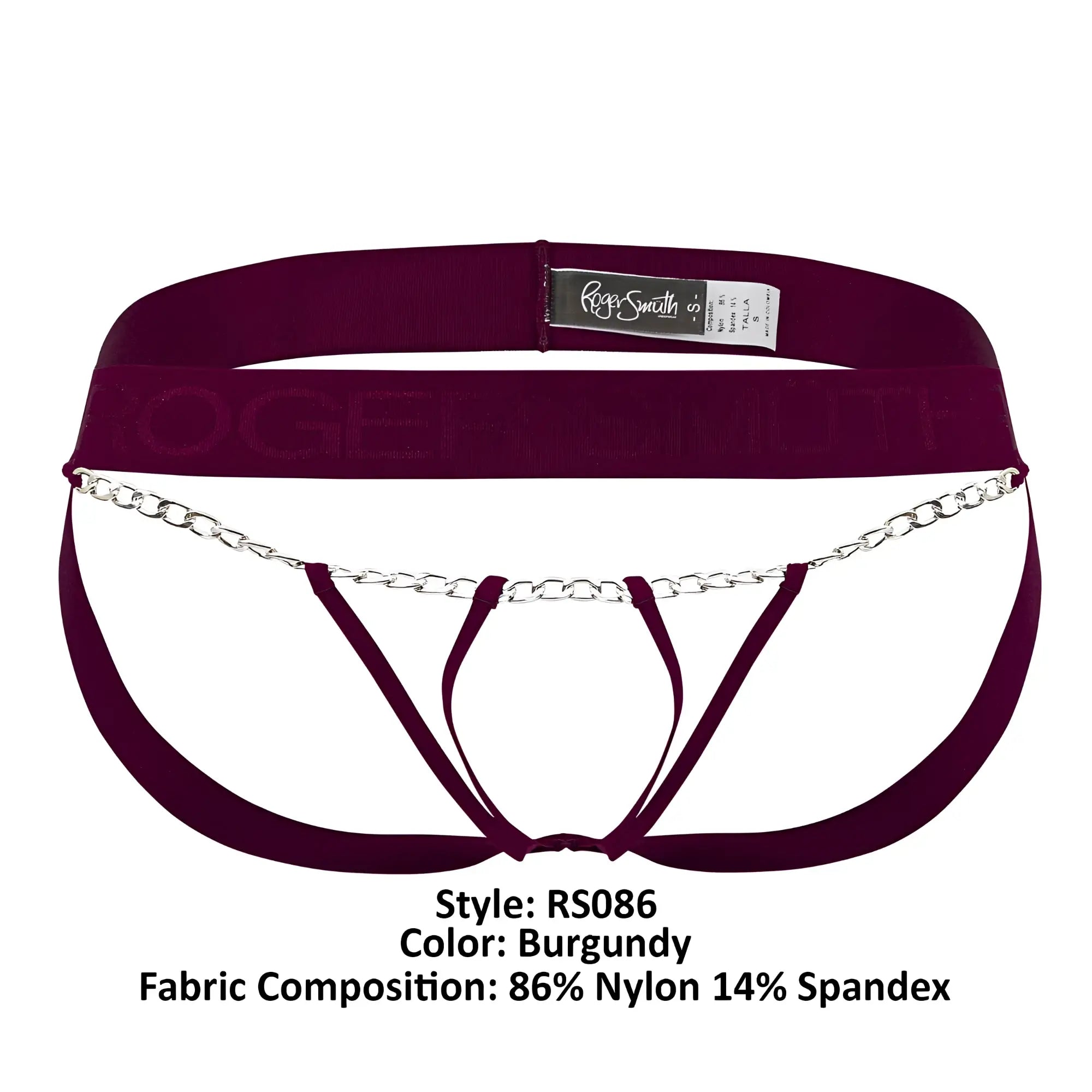 Burgundy nylon and spandex roger smuth rs086 jock-thong briefs with silver chain detail front view