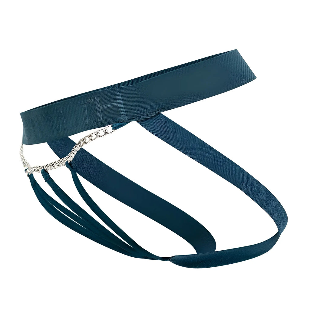 Dark teal roger smuth rs086 jock-thong with elastic waistband silver chain detail and multiple fabric straps back view
