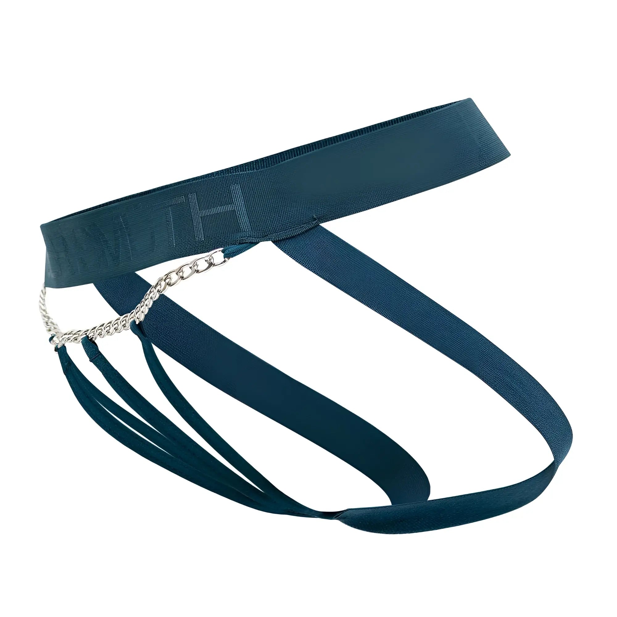Dark teal roger smuth rs086 jock-thong with elastic waistband silver chain detail and multiple fabric straps back view