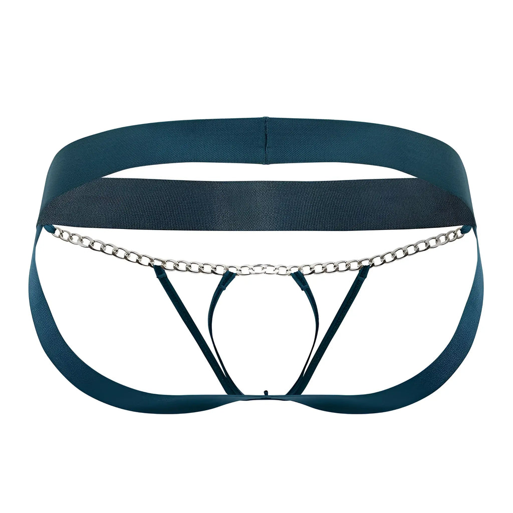 Dark teal roger smuth rs086 jock-thong brief with elastic waistband and silver chain detail front view