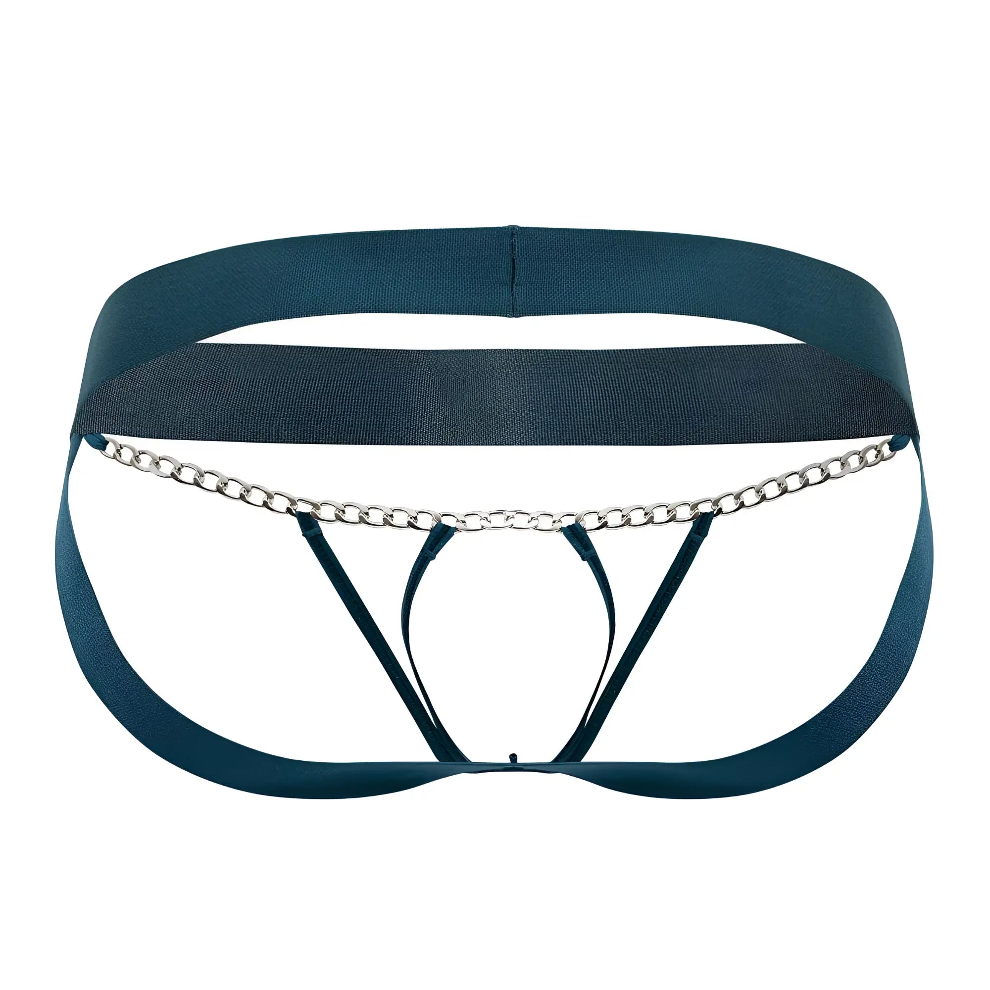 Dark teal roger smuth rs086 jock-thong brief with elastic waistband and silver chain detail front view