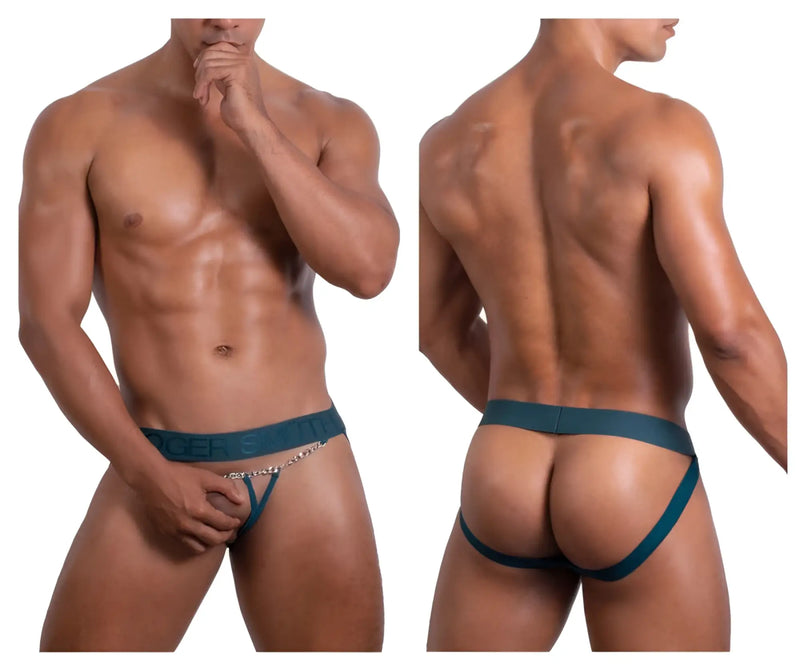 Teal green roger smuth rs086 jock-thong briefs with metallic chain detail at front for men