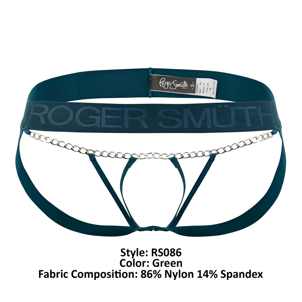 Teal green roger smith rs086 men’s briefs with silver chain detail across the front for stylish support
