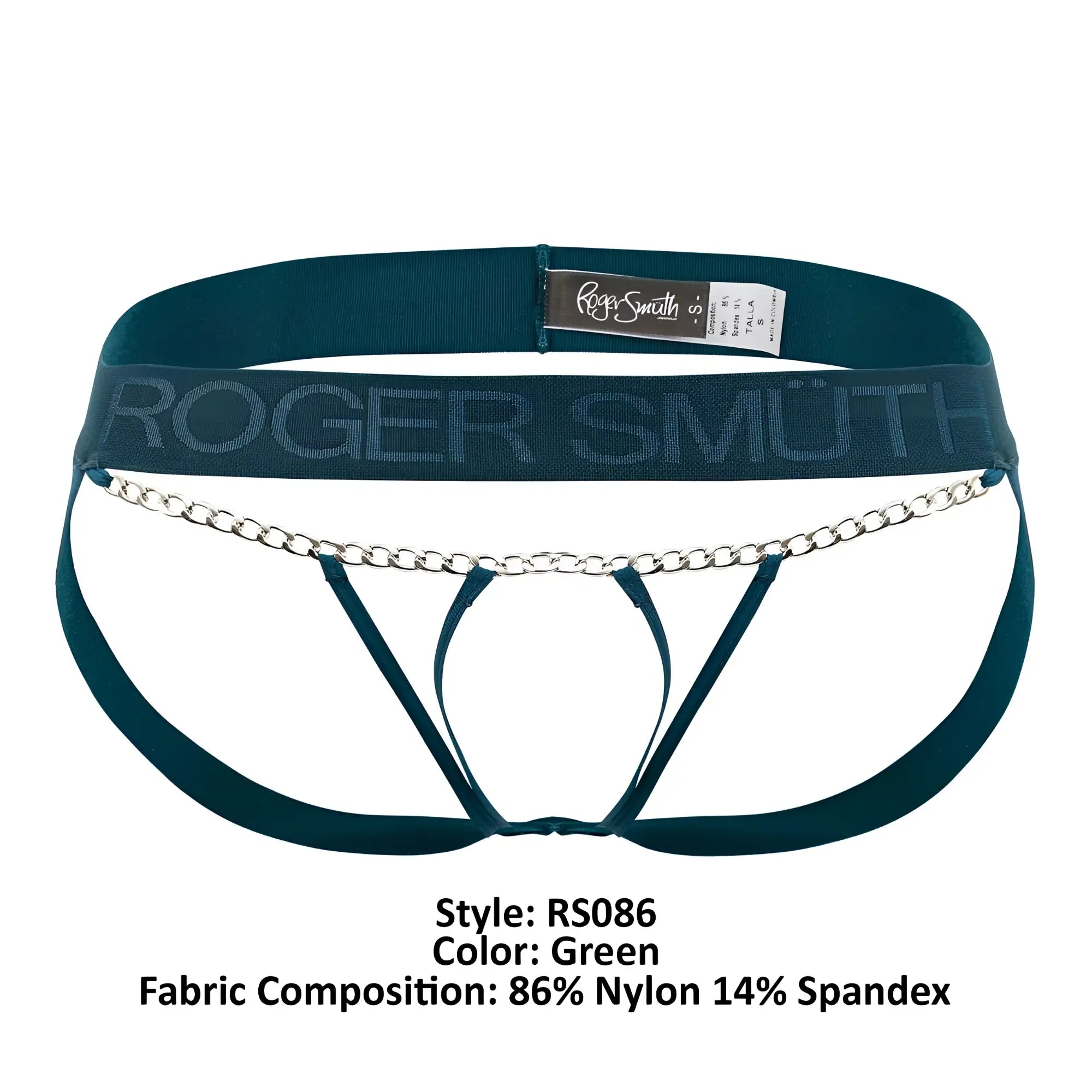 Teal green roger smith rs086 men’s briefs with silver chain detail across the front for stylish support