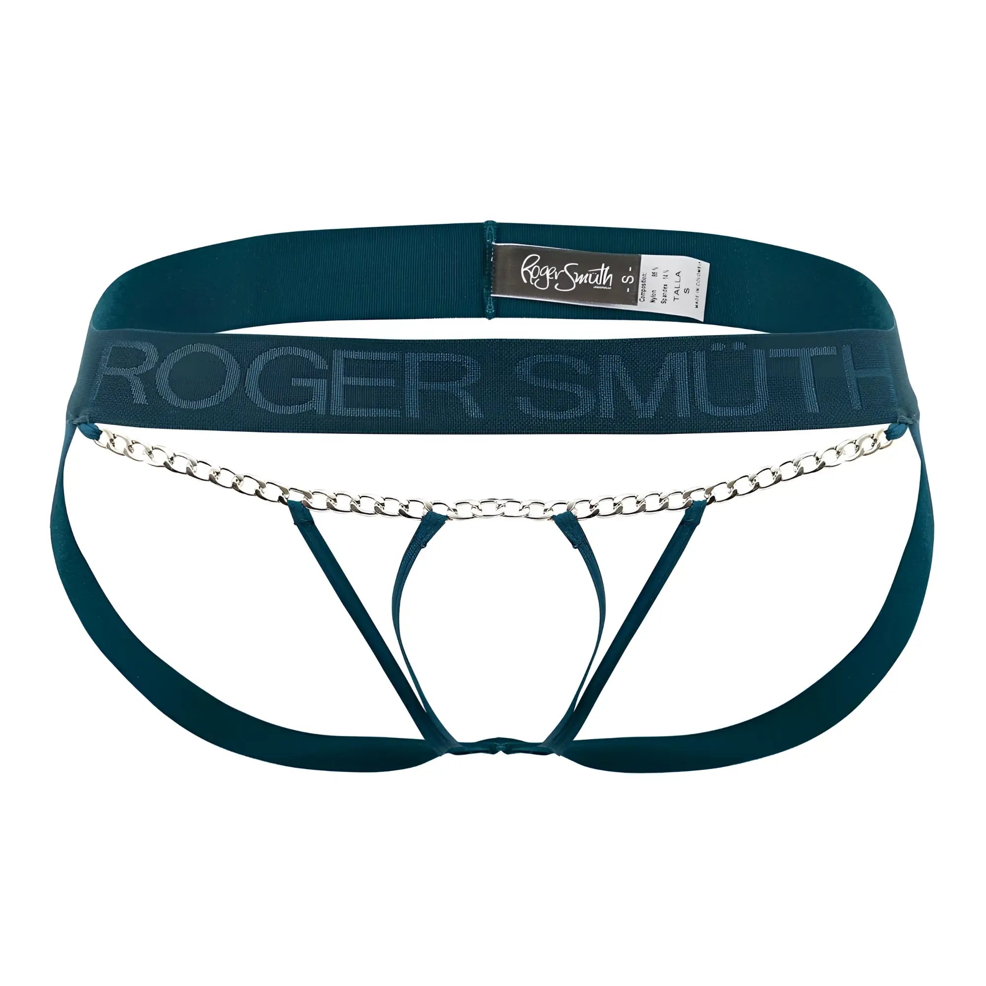 Teal roger smith rs086 jock-thong briefs with silver chain detail across front in green color