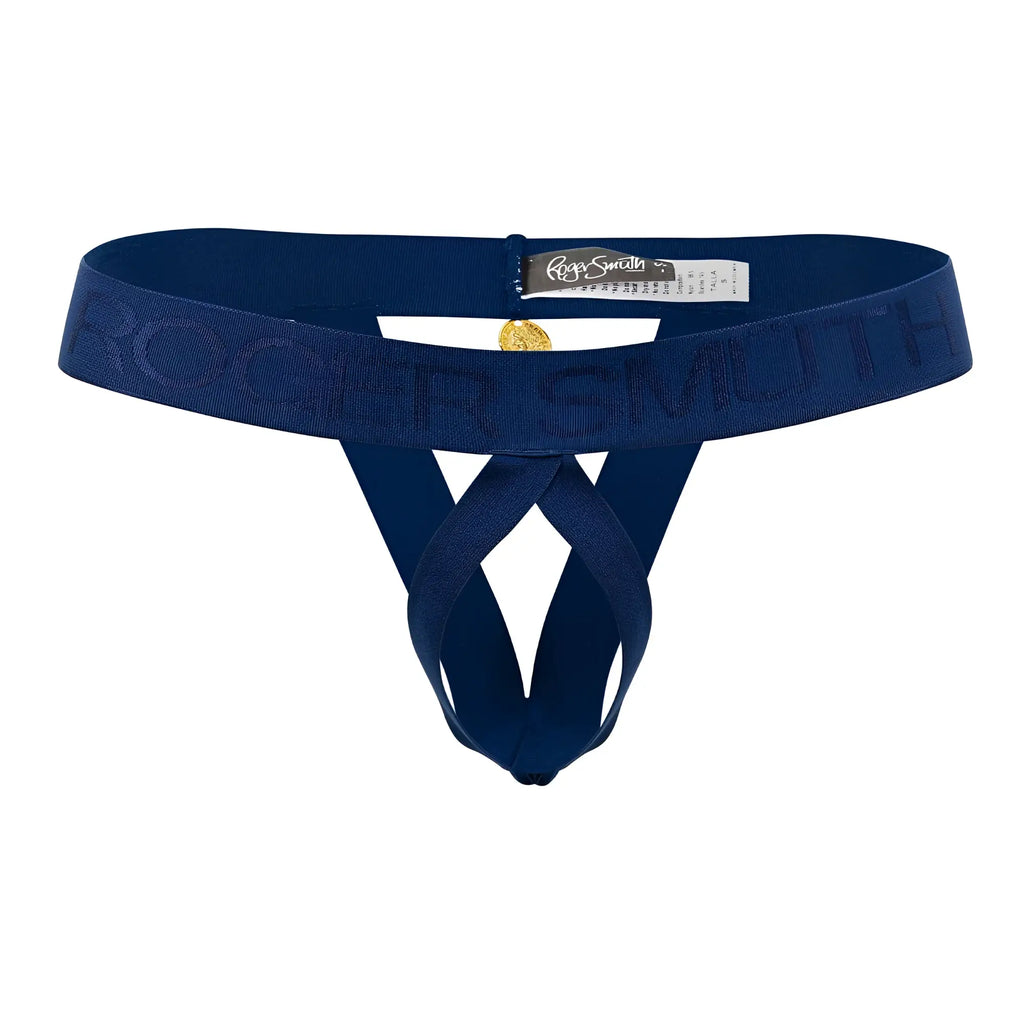 Deep navy blue elasticated thong ball lifter with embossed roger smith logo and gold-tone charm in front