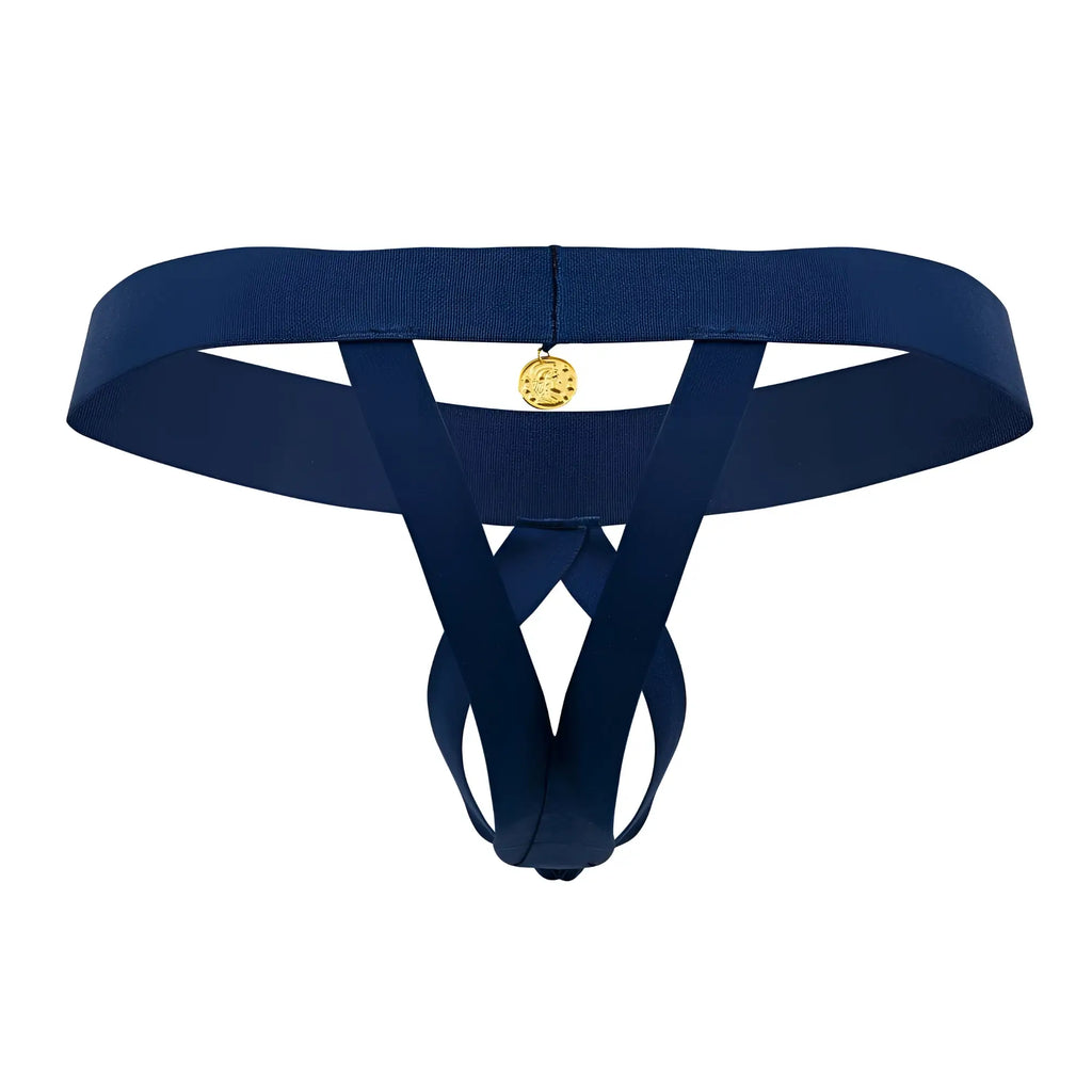 Navy blue elasticated thong with gold toned circular charm at center by roger smuth rs087 ball lifter model