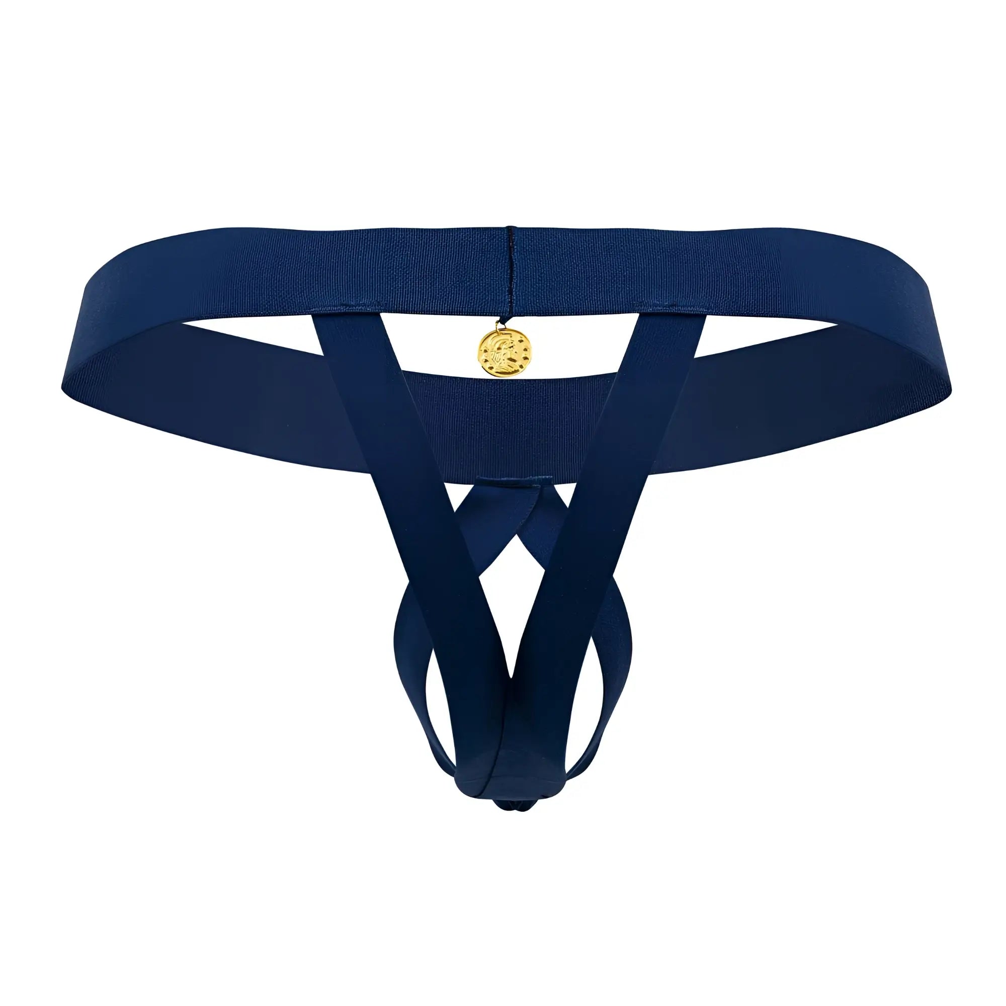 Navy blue elasticated thong with gold toned circular charm at center by roger smuth rs087 ball lifter model