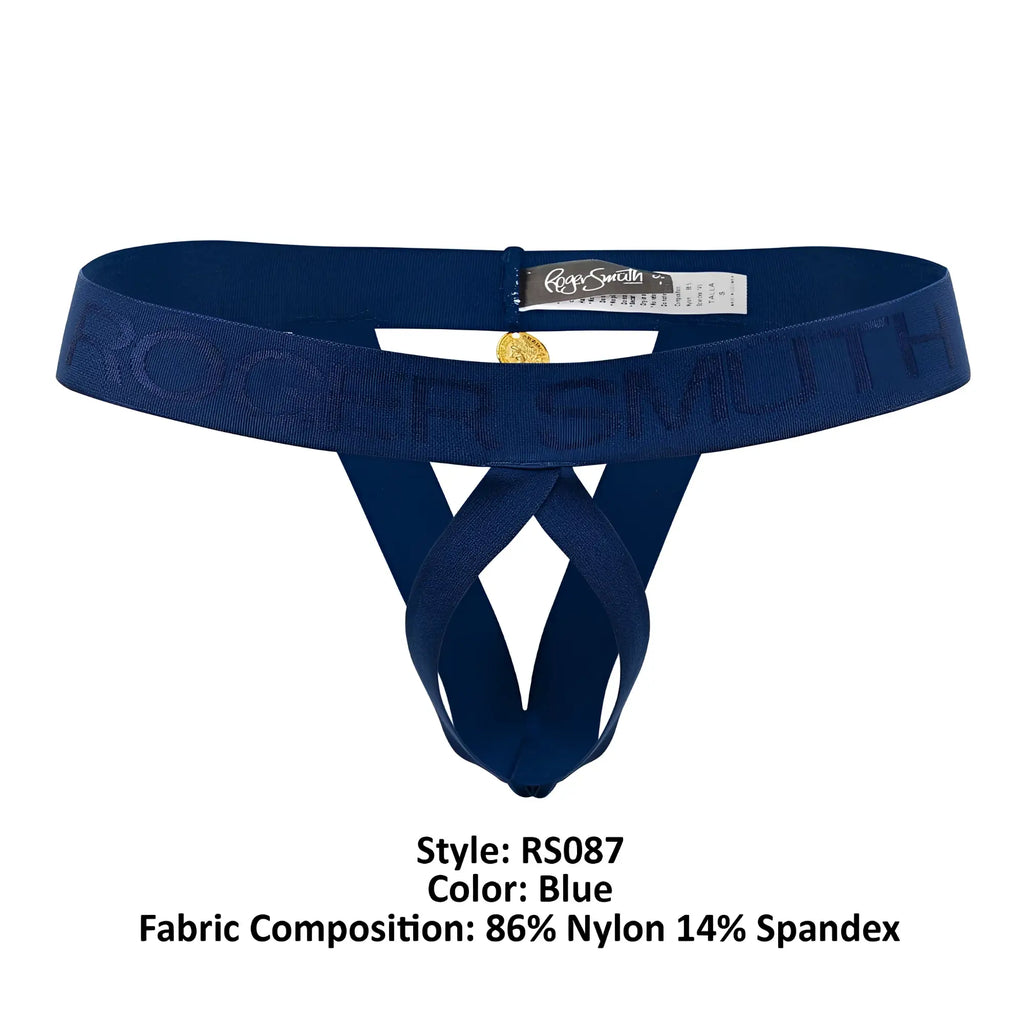 Roger smuth rs087 ball lifter navy blue men’s thong with subtle embossed logo and gold-tone metallic clasp
