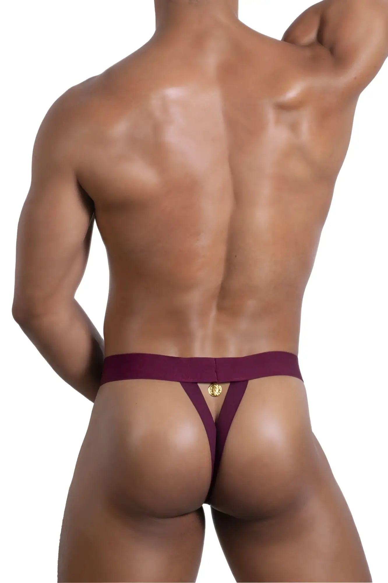 Maroon thong ball lifter with gold emblem on waistband by roger smuth model rs087 in burgundy color