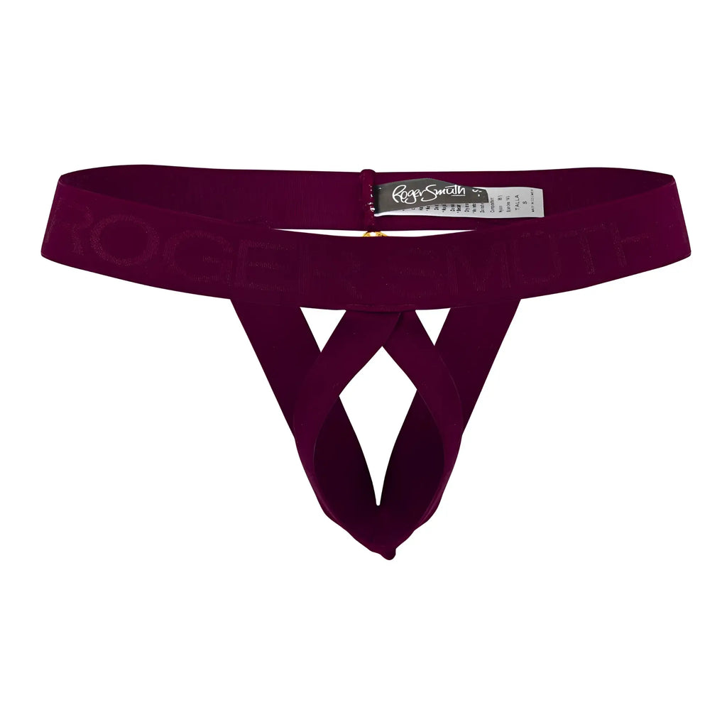 A maroon velvet thong with a crisscross design and rogersmith embossed waistband for ball lifting by roger smuth