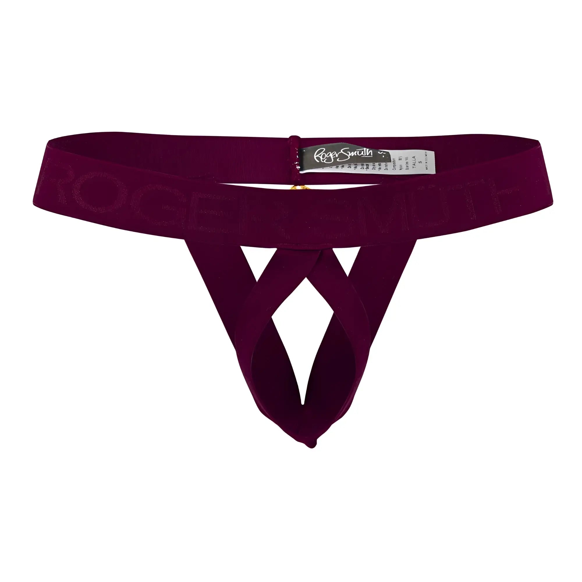 A maroon velvet thong with a crisscross design and rogersmith embossed waistband for ball lifting by roger smuth