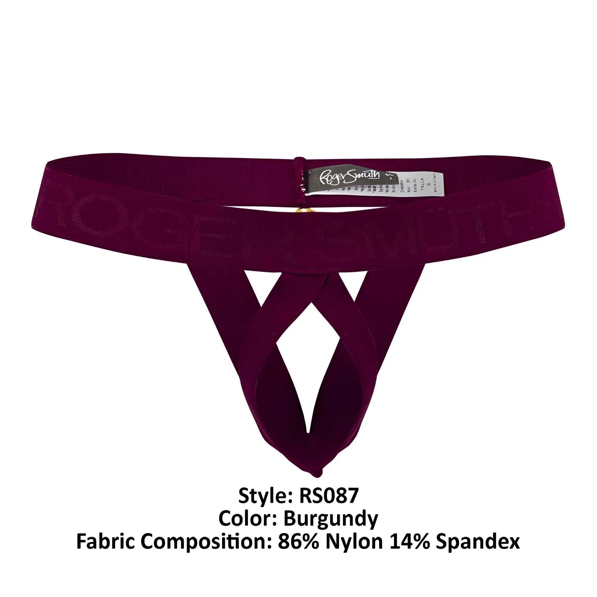 Burgundy velvet thong roger smith rs087 ball lifter with subtle logo woven into elastic waistband