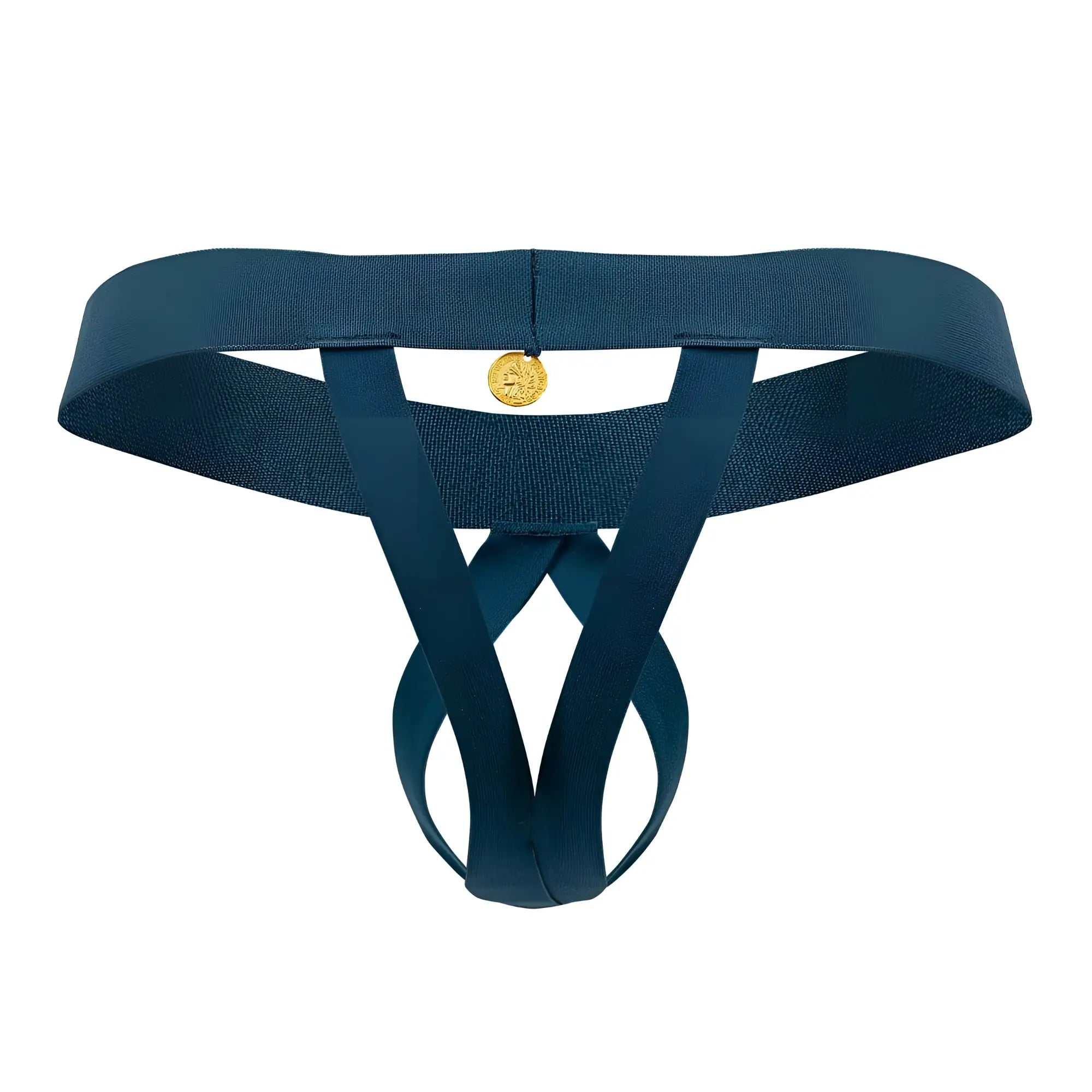 Dark blue elasticated thong with gold circular emblem at center from roger smuth rs087 ball lifter color green