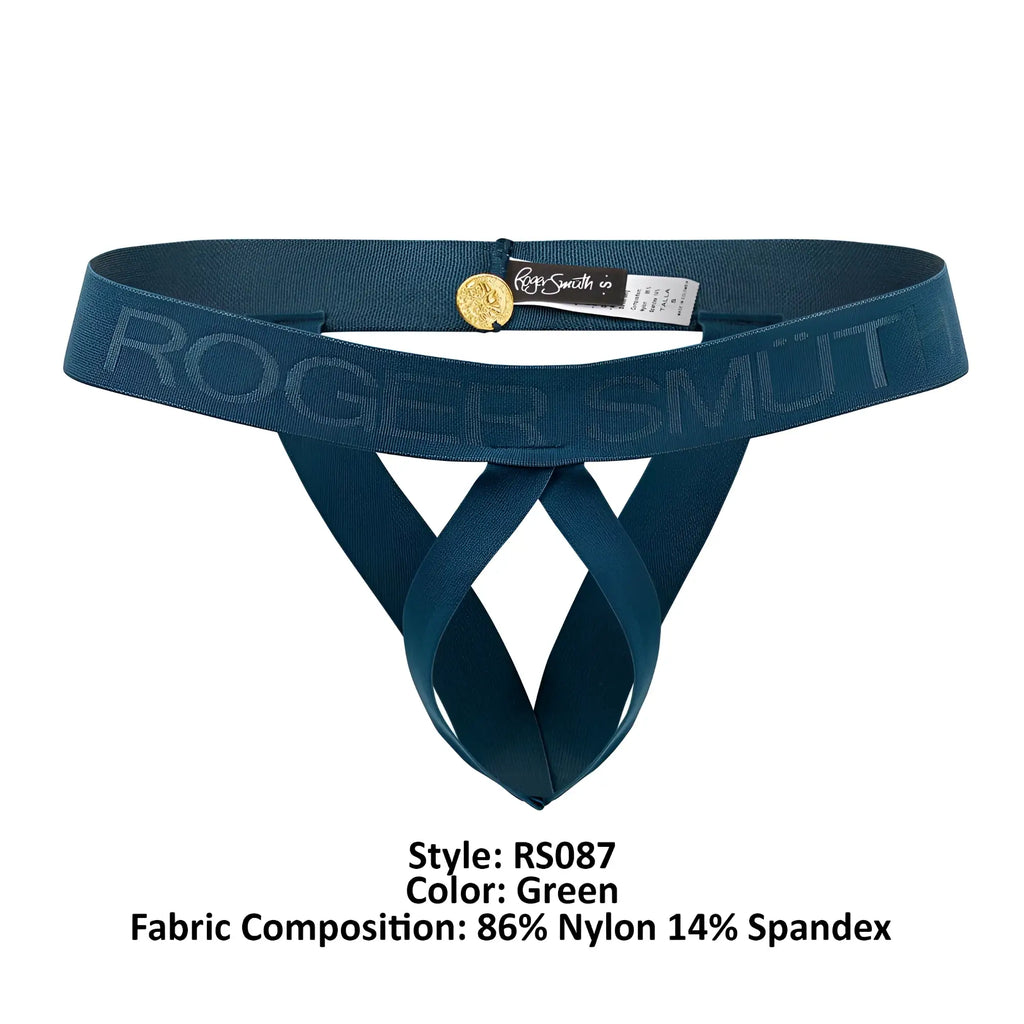 Teal roger smith rs087 thong made of nylon spandex with a gold coin buckle for ball lifting in green color