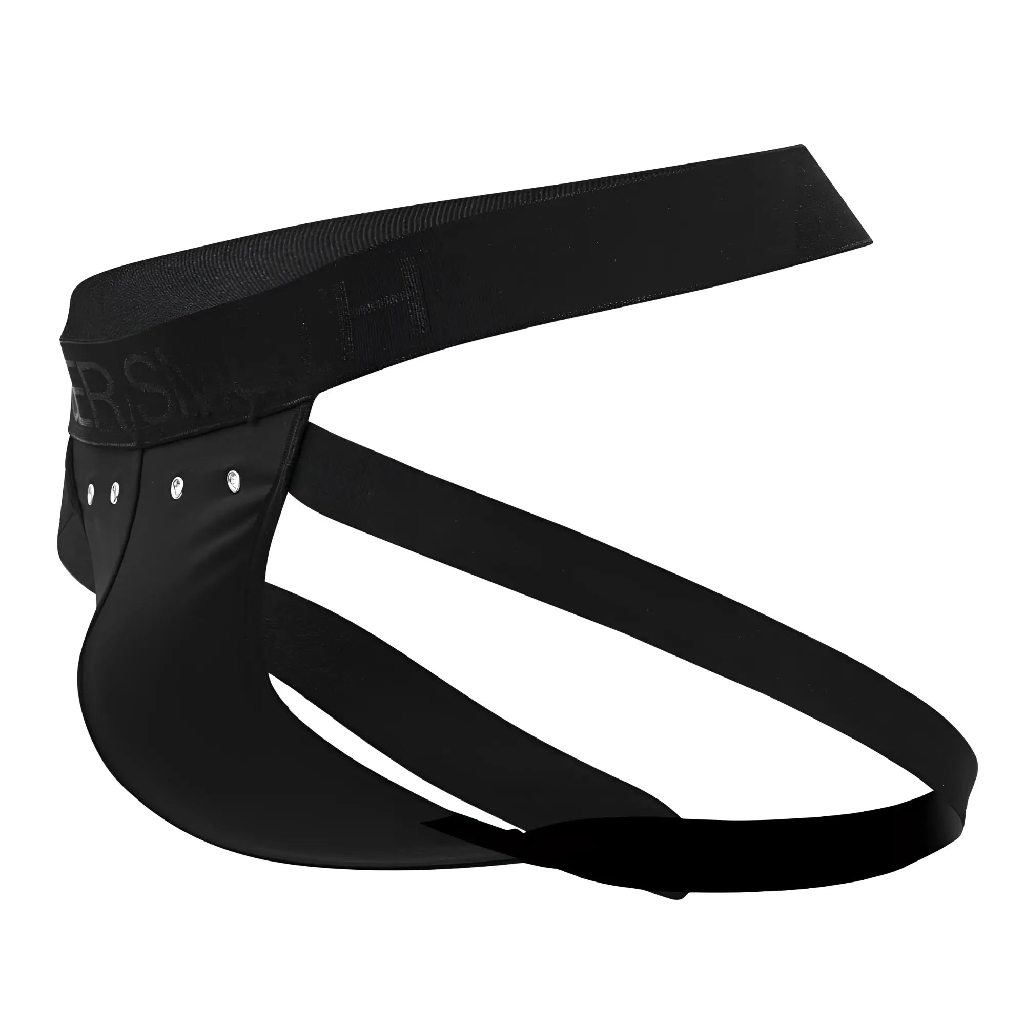 Roger Smuth RS088 jock-thong black men’s briefs with elastic waistband and silver stud accented side straps