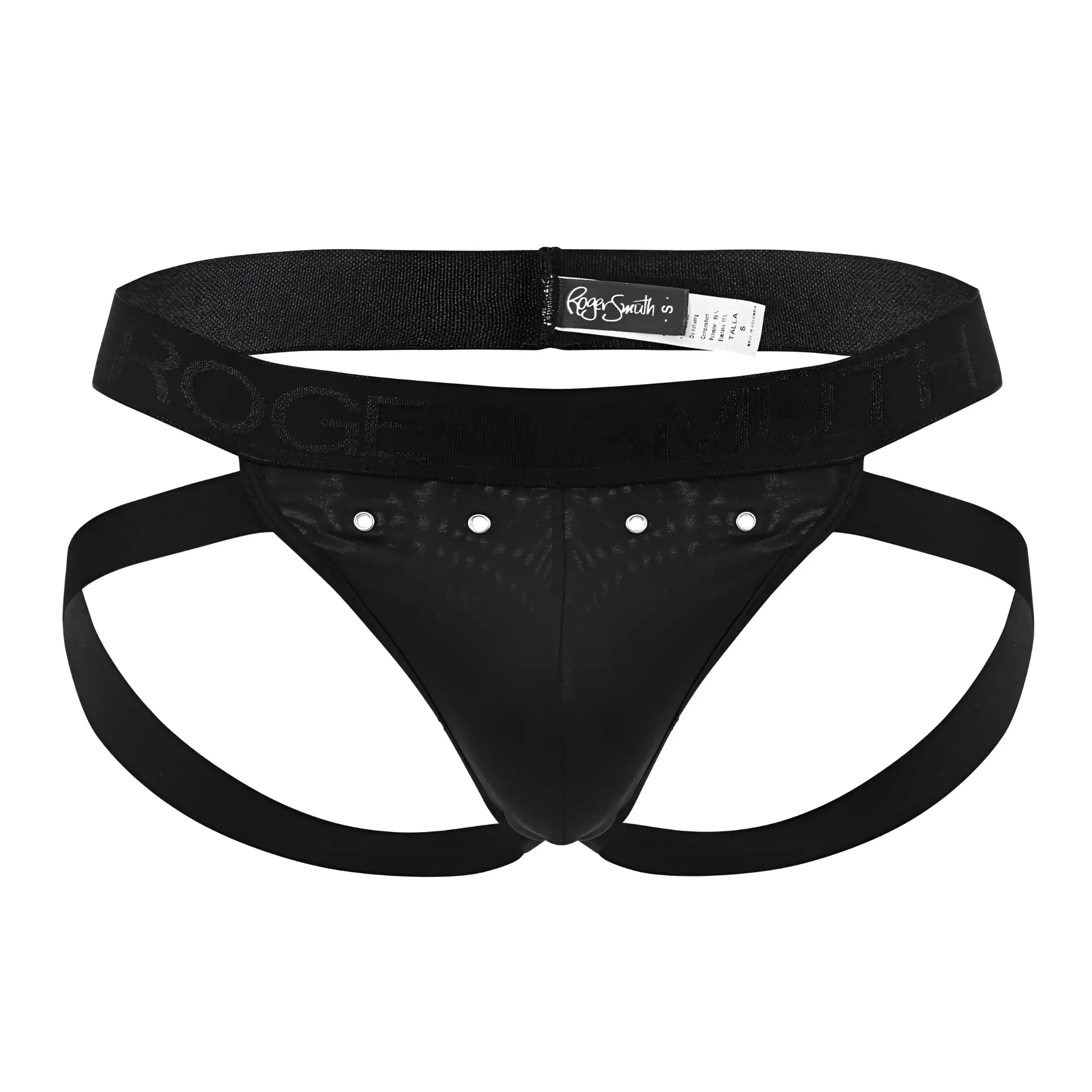 Black roger smith RS088 jock-thong in black with a textured front panel and silver-toned stud accents