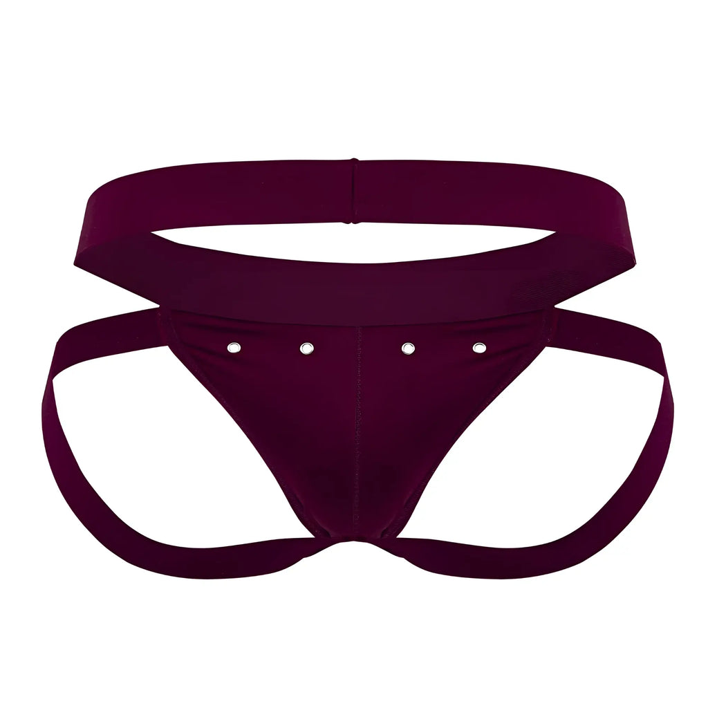Deep burgundy velvet roger smuth rs088 jock-thong briefs with wide waistband and four silver studs on front
