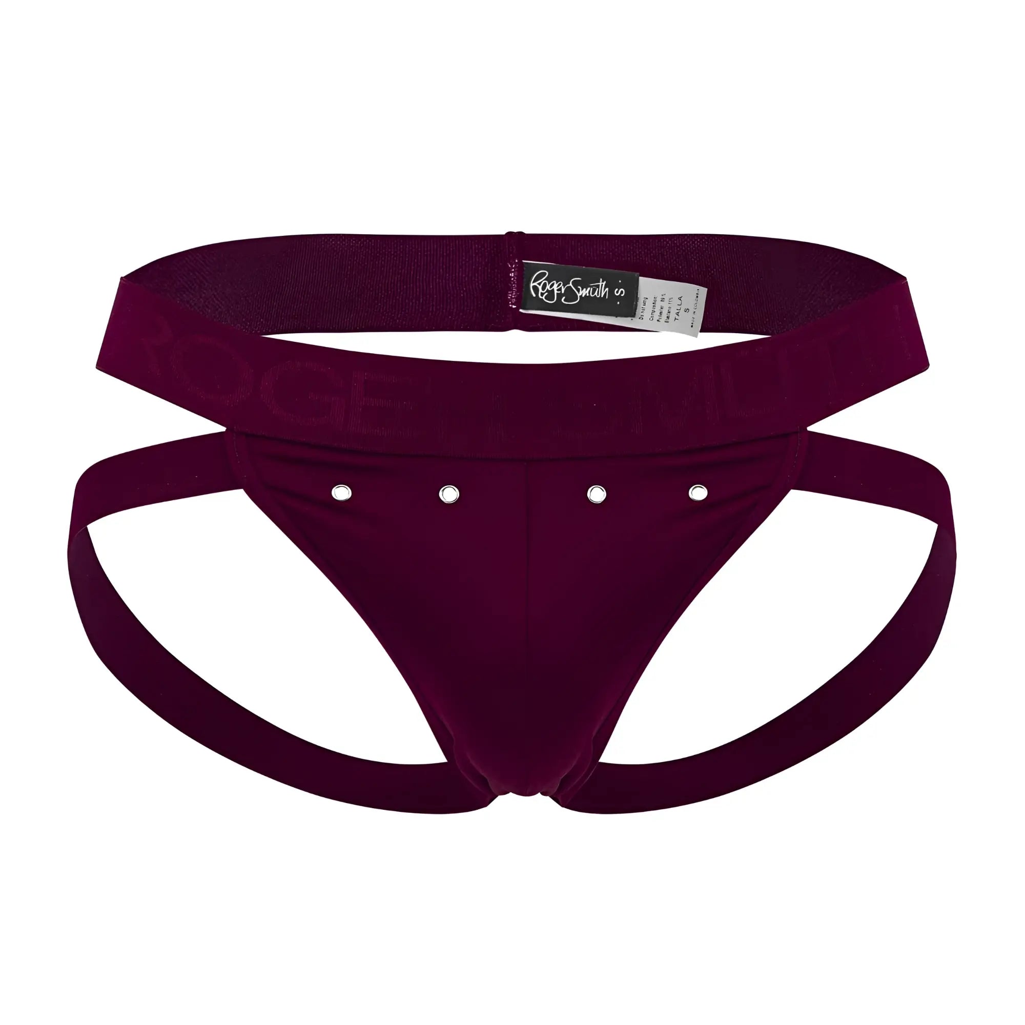 Maroon velvet roger smuth rs088 jock-thong briefs with silver studs and branded elastic waistband front view