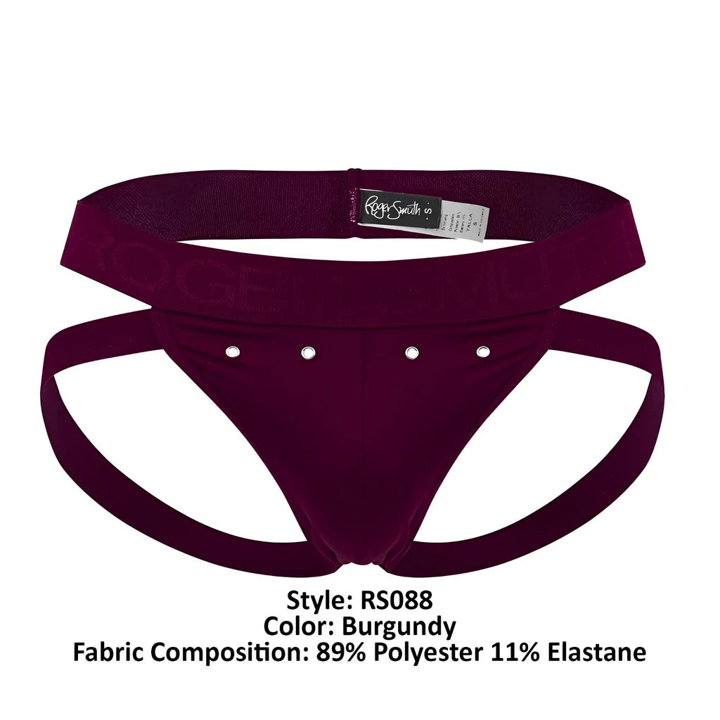 Roger smith rs088 jock-thong burgundy men’s briefs with supportive contoured design and three silver studs on front