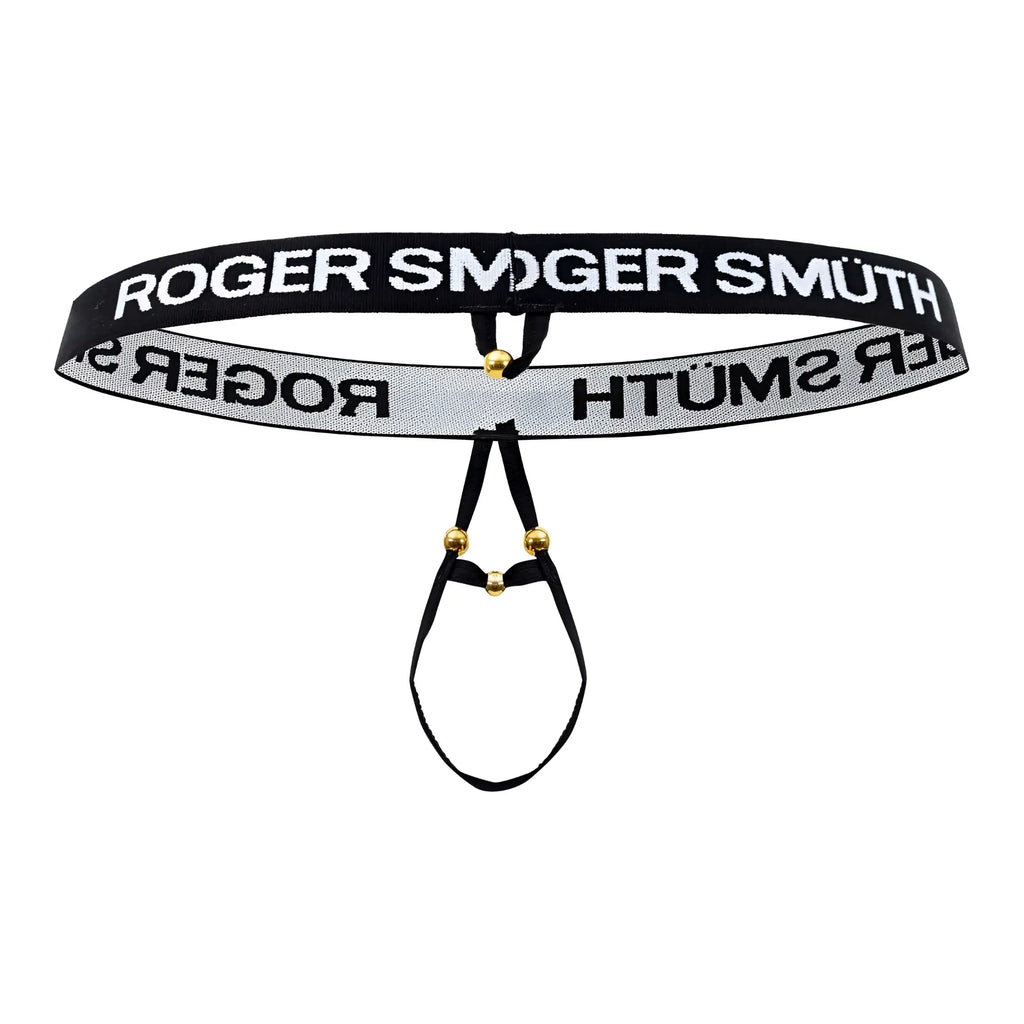 Black and silver striped roger smuth rs089 ball lifter men’s thong with gold-tone hardware and branded design
