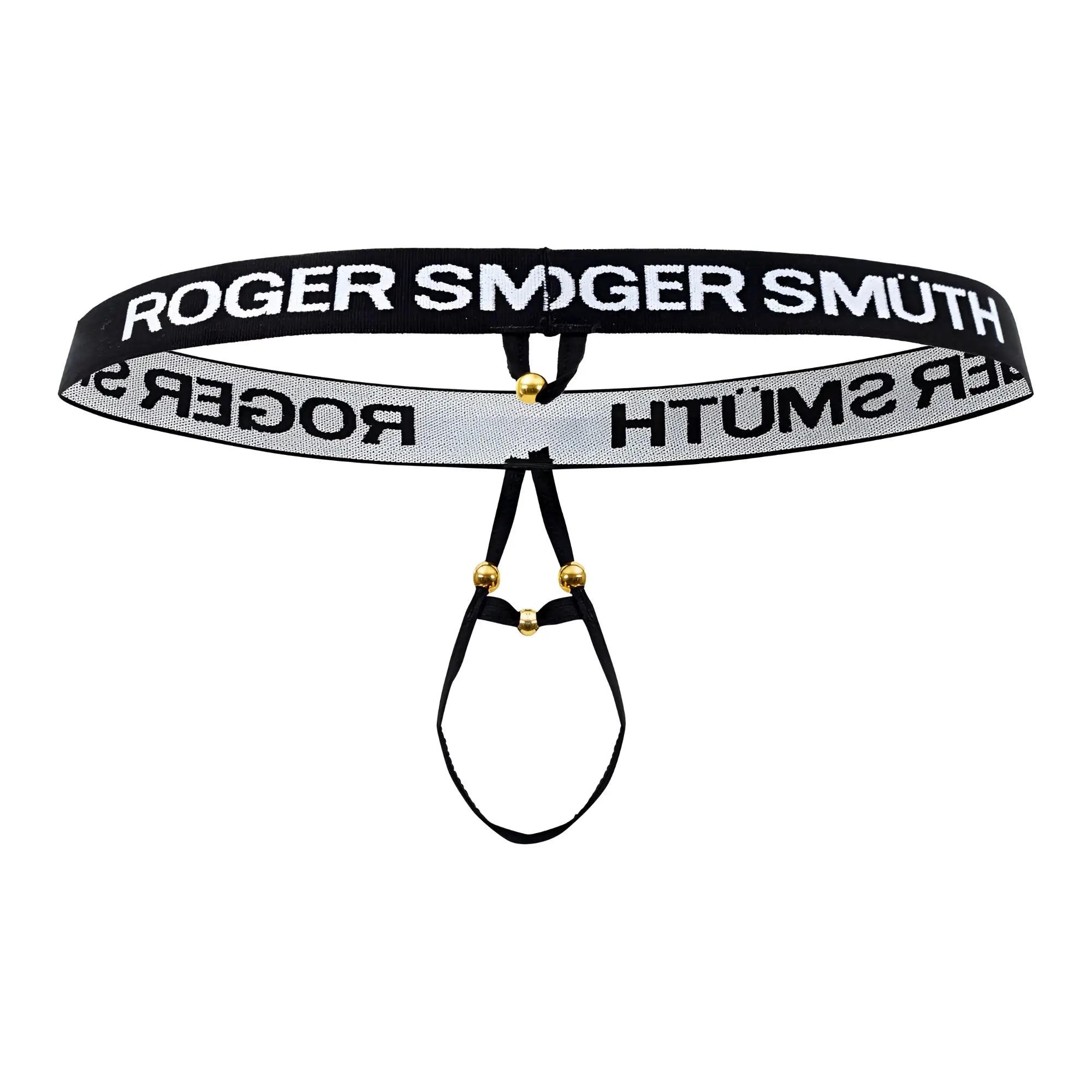 Black and silver striped roger smuth rs089 ball lifter men’s thong with gold-tone hardware and branded design